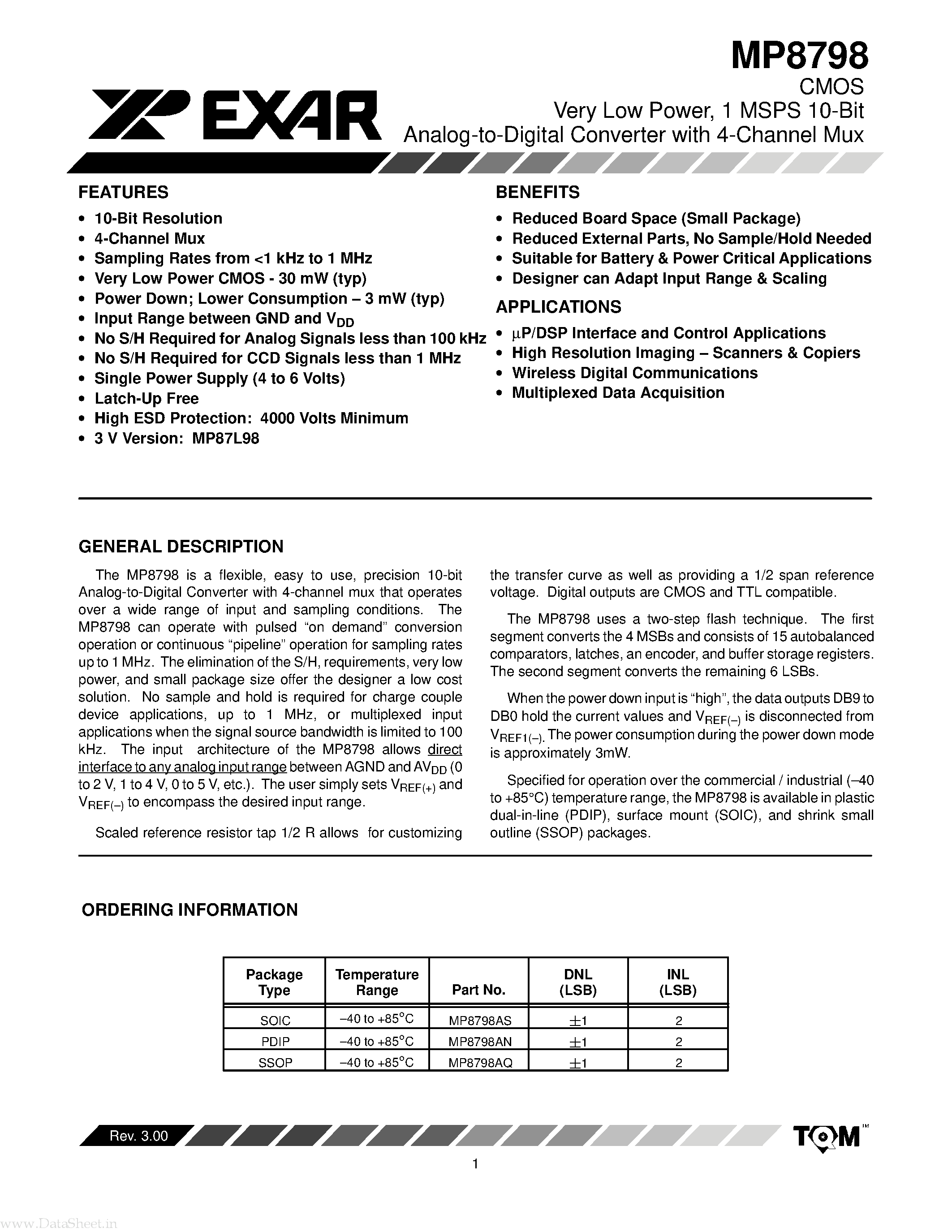 Datasheet MP8798 - 1 MSPS 10-Bit Analog-to-Digital Converter page 1