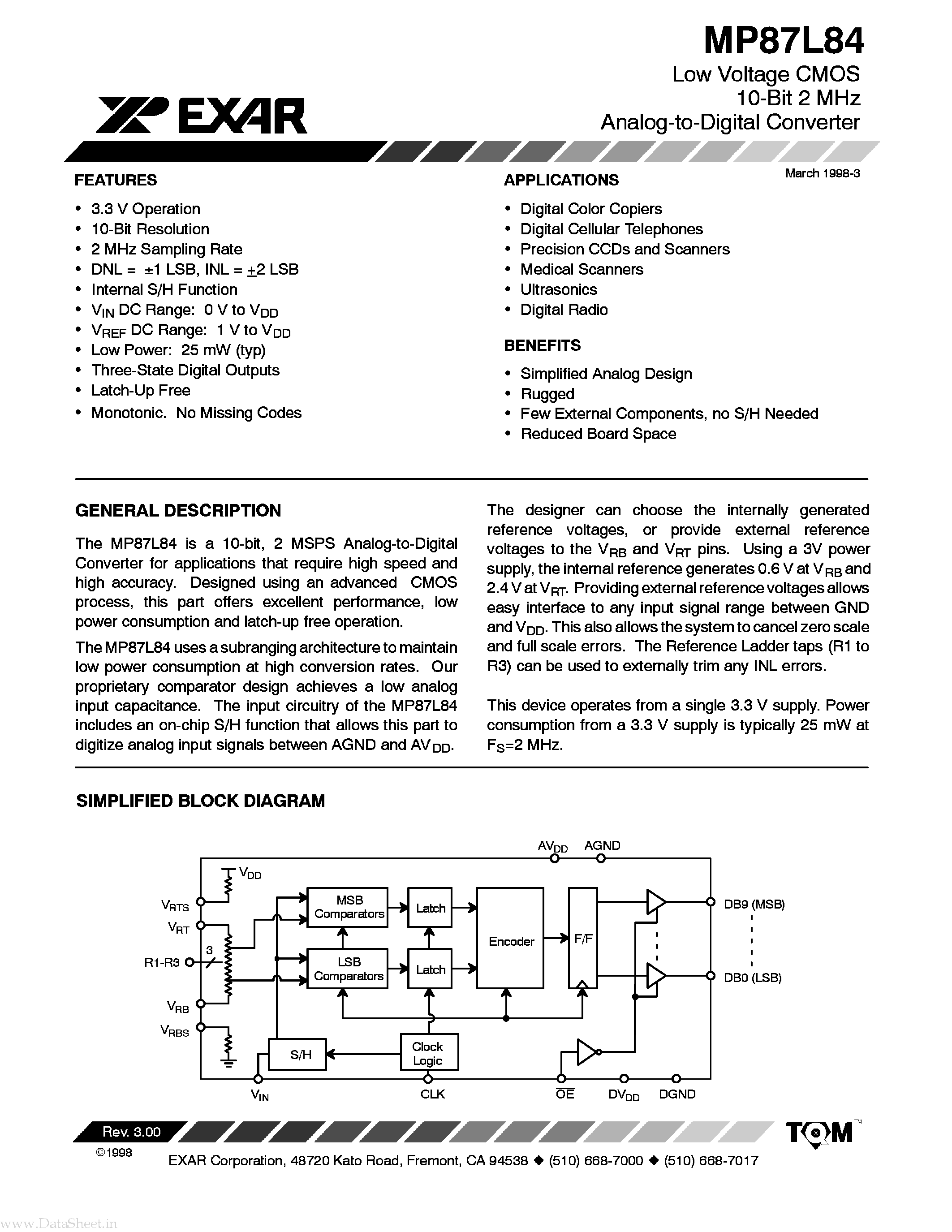 Datasheet MP87L84 - LOW VOLTAGE CMOS 10-BIT 2 MHz ANALOG-TO-DIGITAL CONVERTER page 1