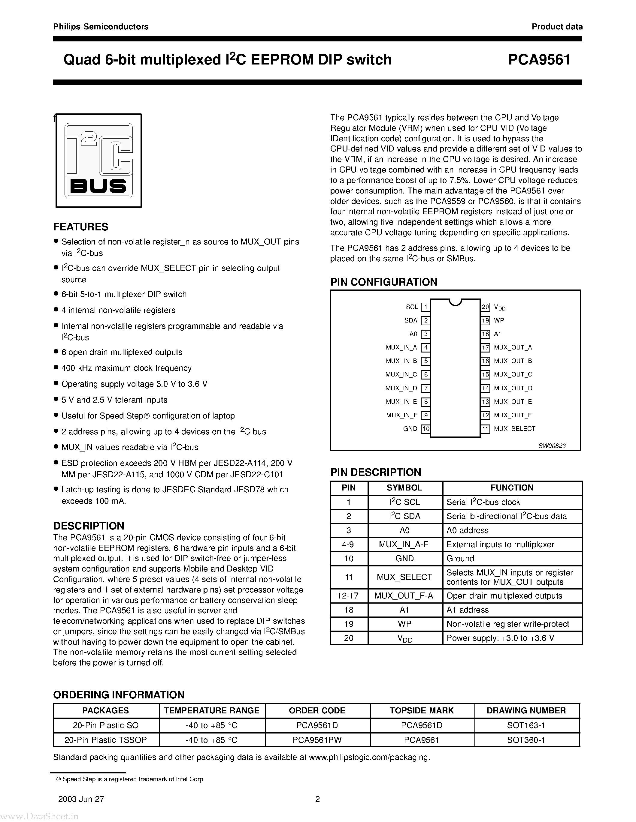 Datasheet PCA9561 - Quad 6-bit multiplexed I2C EEPROM DIP switch page 2