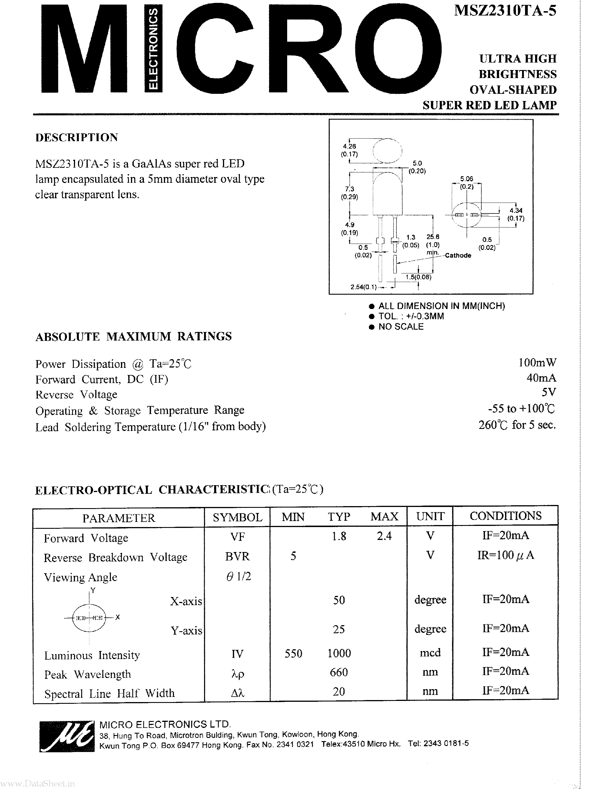 Datasheet MSZ2310TA-5 - ULTRA HIGH BRIGHTNESS OVAL-SHAPED SUPER RED LED LAMP page 1