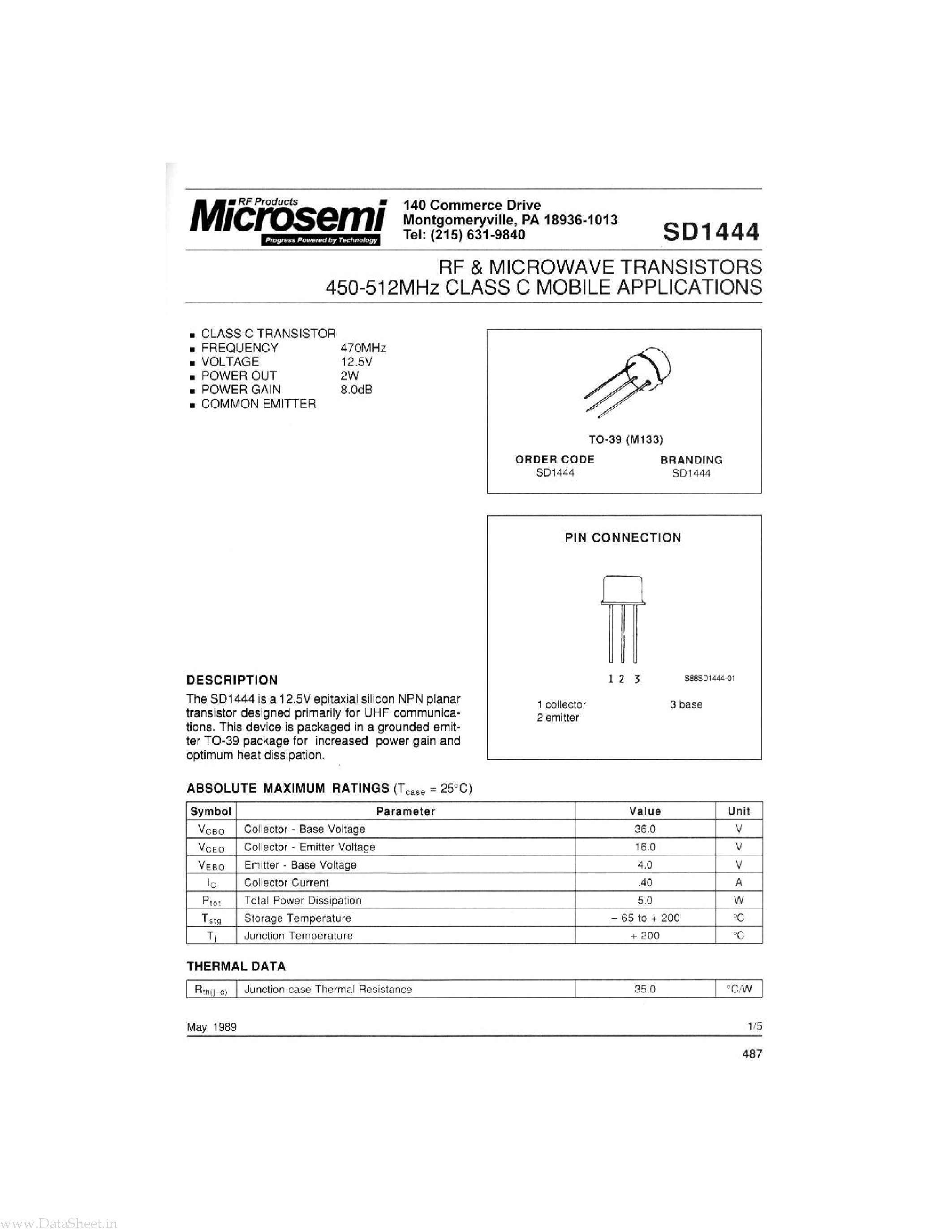 Datasheet SD1444 - RF & MICROWAVE TRANSISTORS page 1