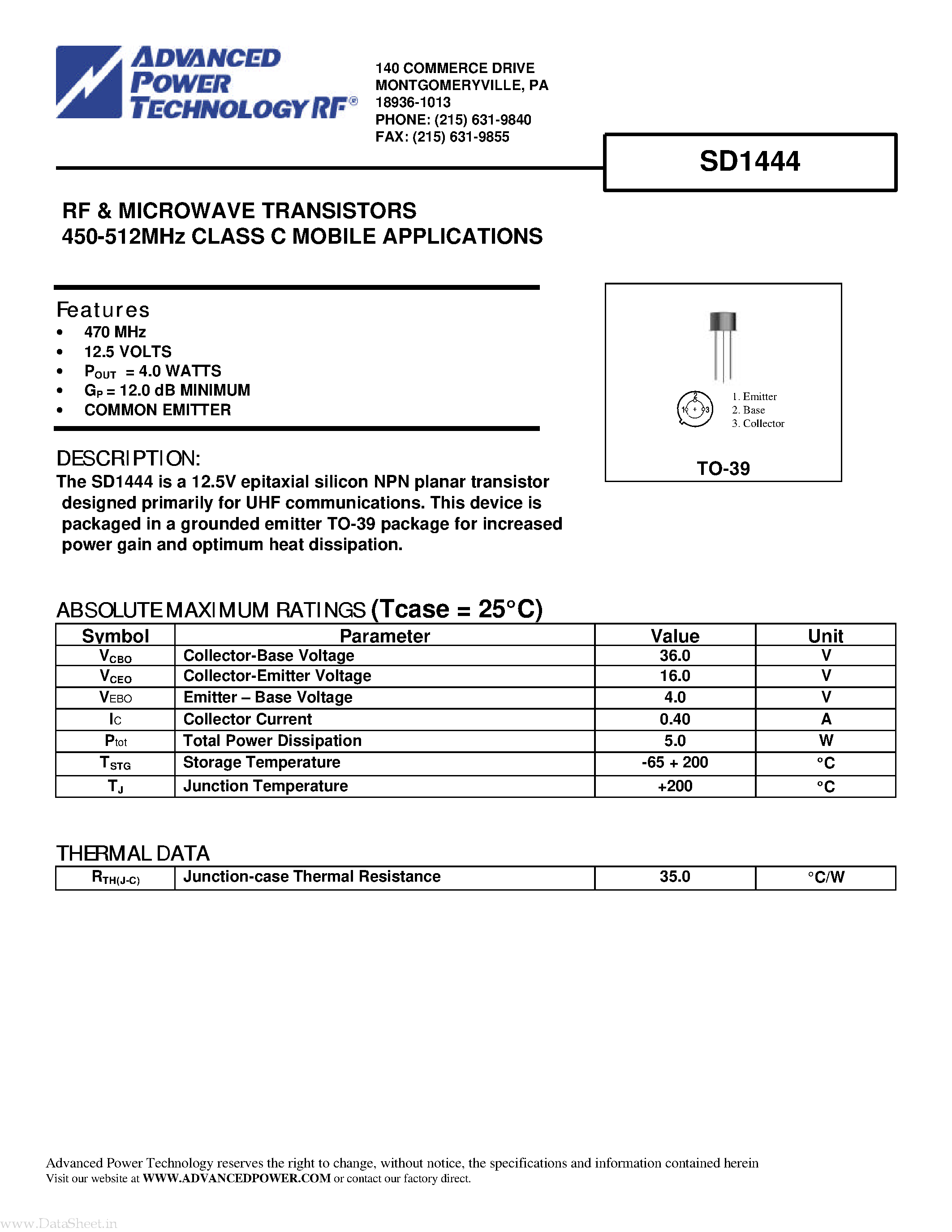Datasheet SD1444 - RF & MICROWAVE TRANSISTORS page 1