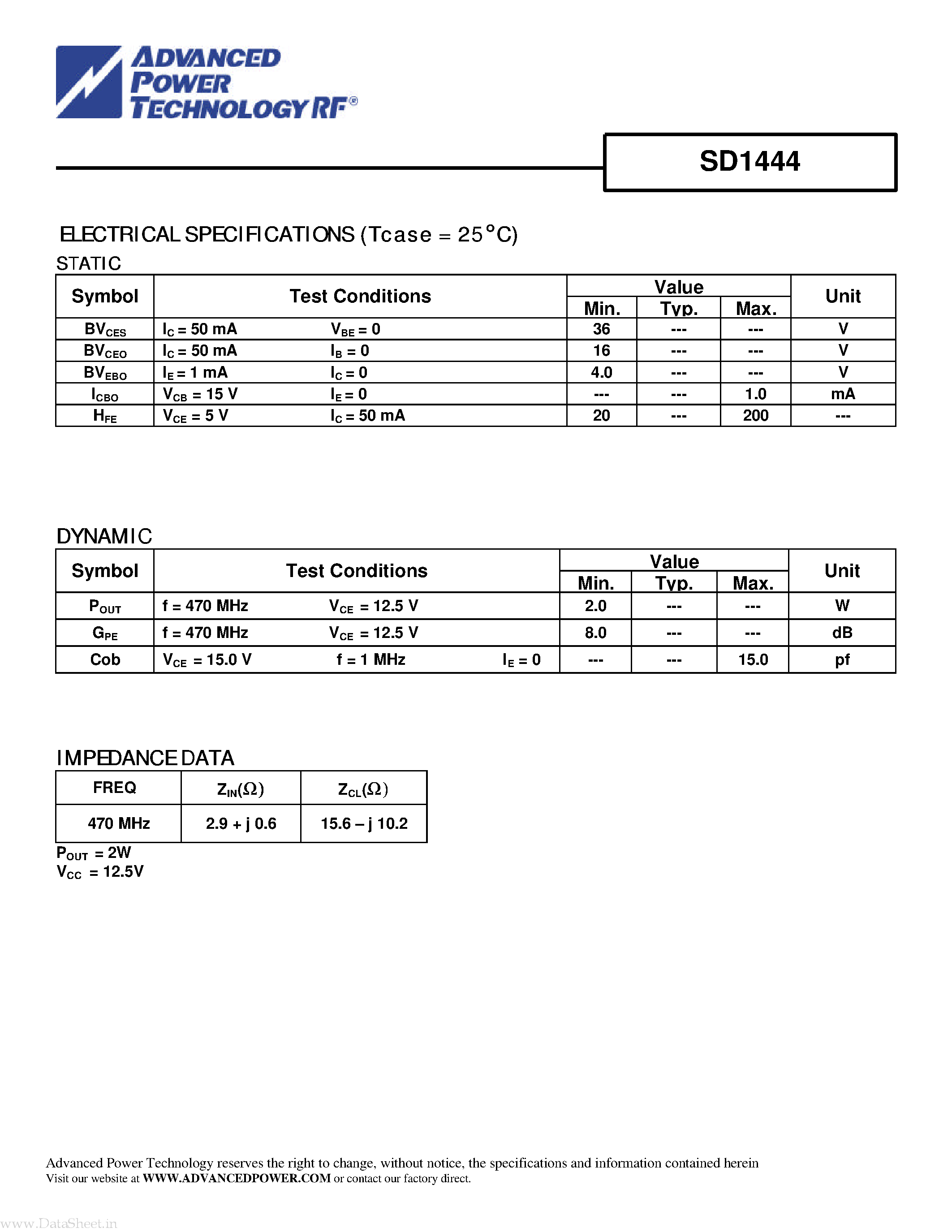 Datasheet SD1444 - RF & MICROWAVE TRANSISTORS page 2