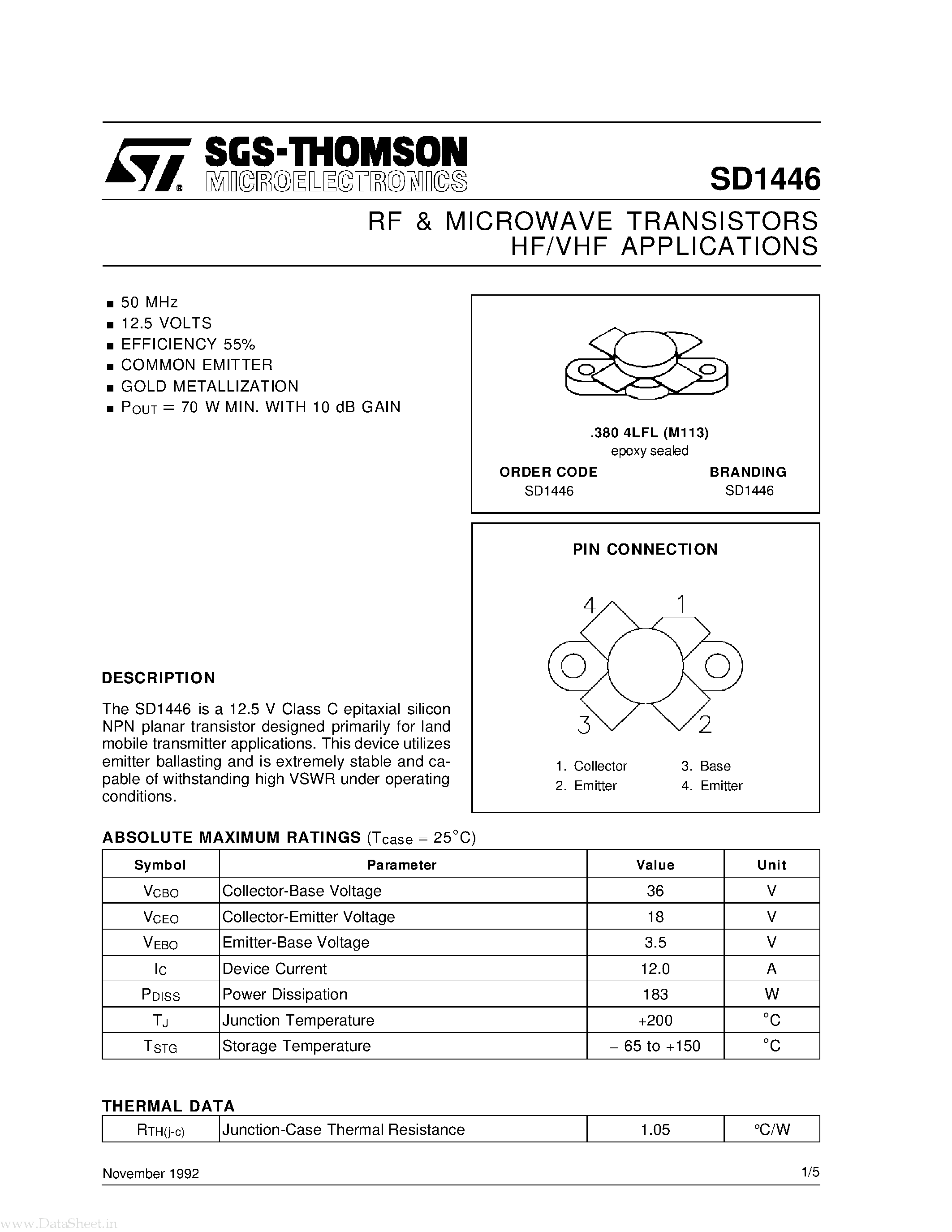 Даташит на микросхему SD1446 страница 1 Даташит SD1446 - RF & MICROWAVE TRANSISTORS страница 1