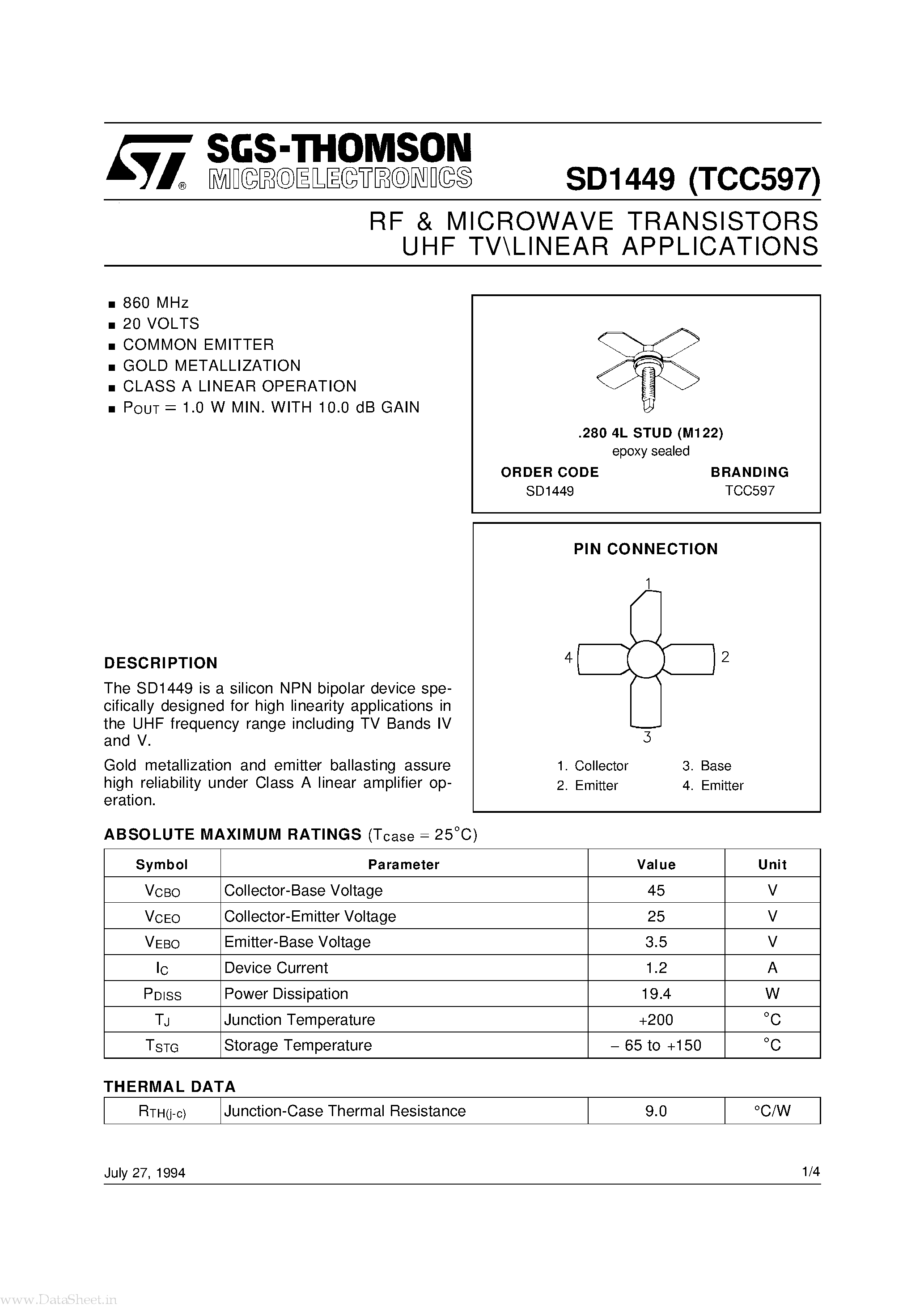Datasheet SD1449 page 1 Datasheet SD1449 - RF & MICROWAVE TRANSISTORS page 1