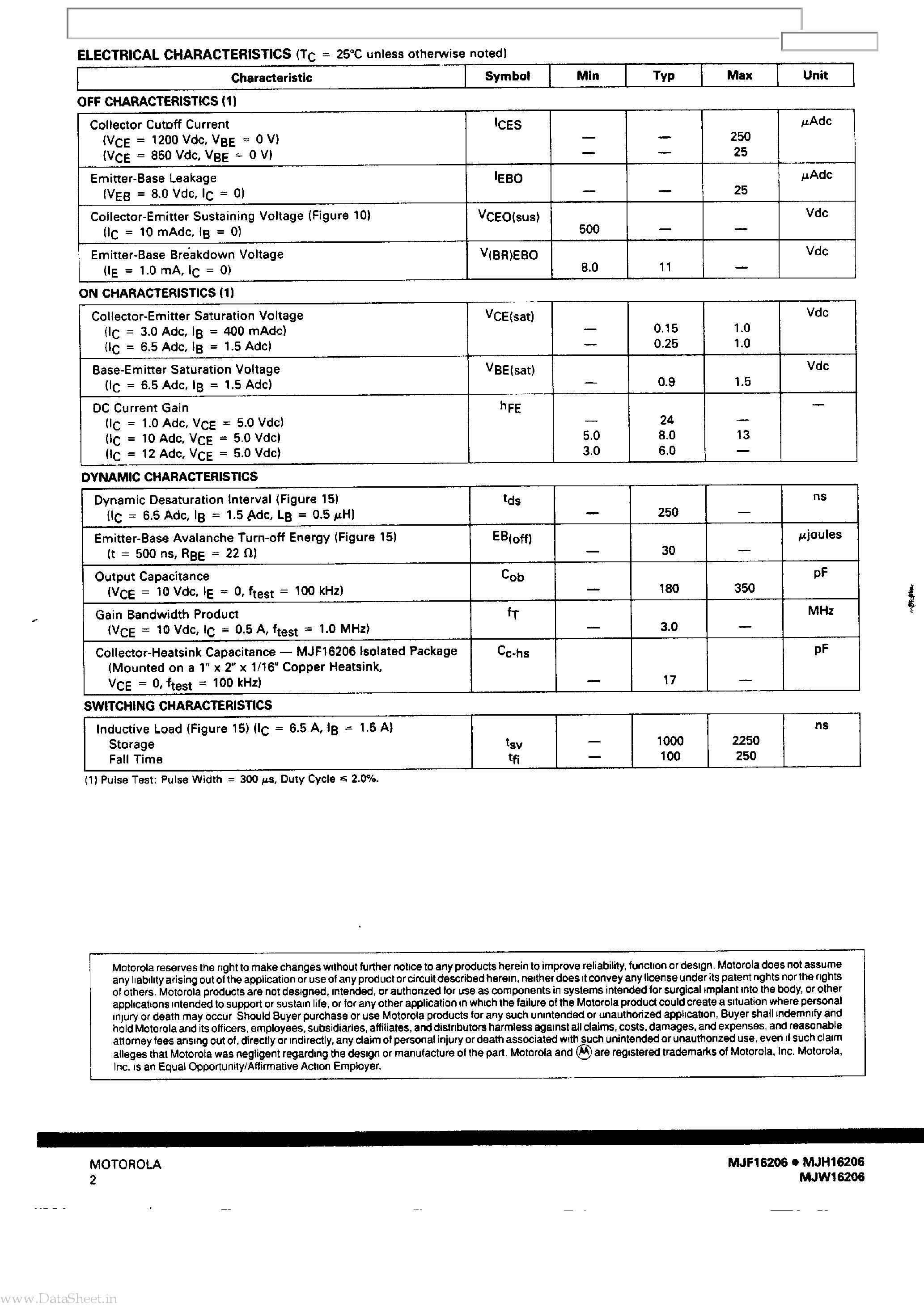 Datasheet MJH16206 page 2 Datasheet MJH16206 - NPN Bipolar Power Deflection Transistors page 2