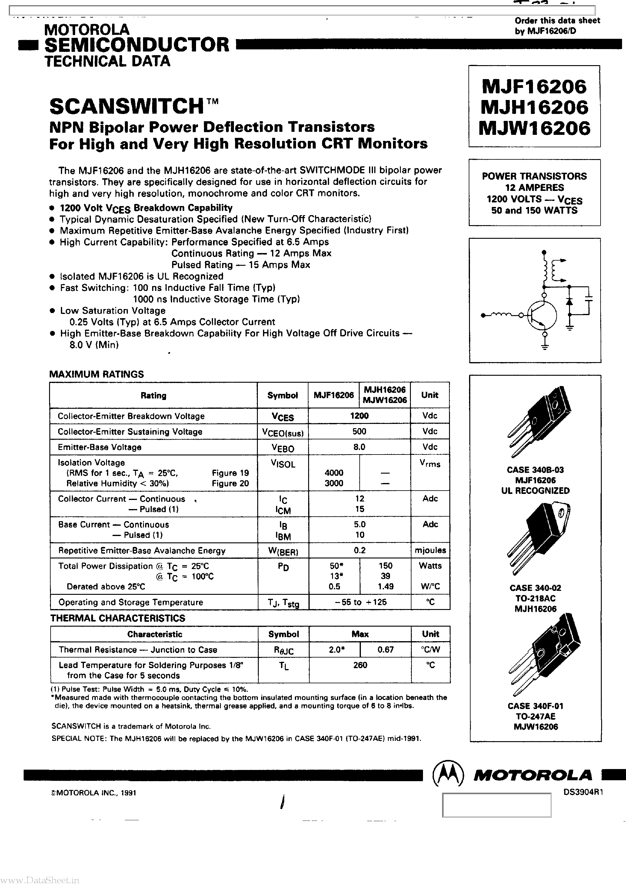 Datasheet MJW16206 page 1 Datasheet MJW16206 - NPN Bipolar Power Deflection Transistors page 1