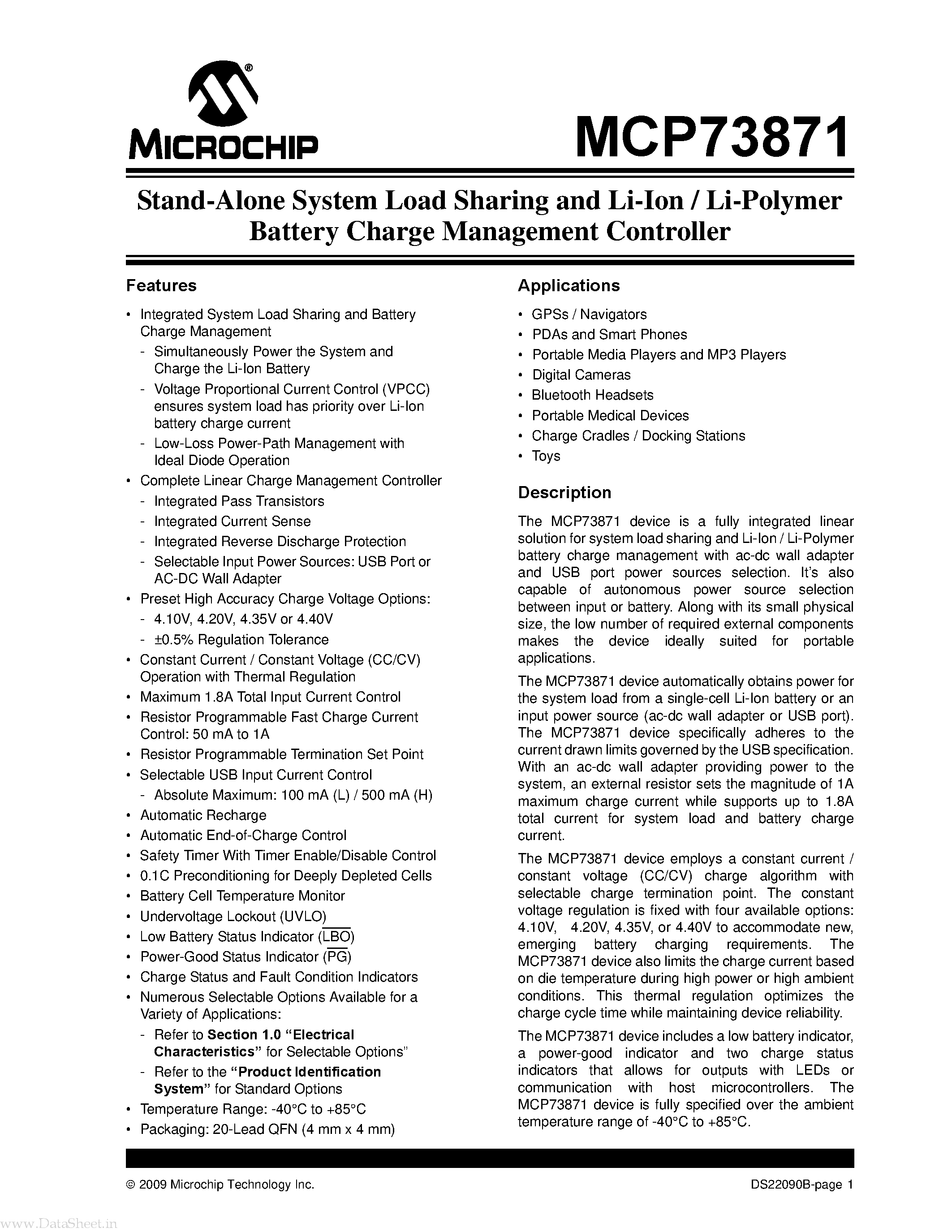 Datasheet MCP73871 page 1 Datasheet MCP73871 - Stand-Alone System Load Sharing and Li-Ion / Li-Polymer Battery Charge Management Controller page 1