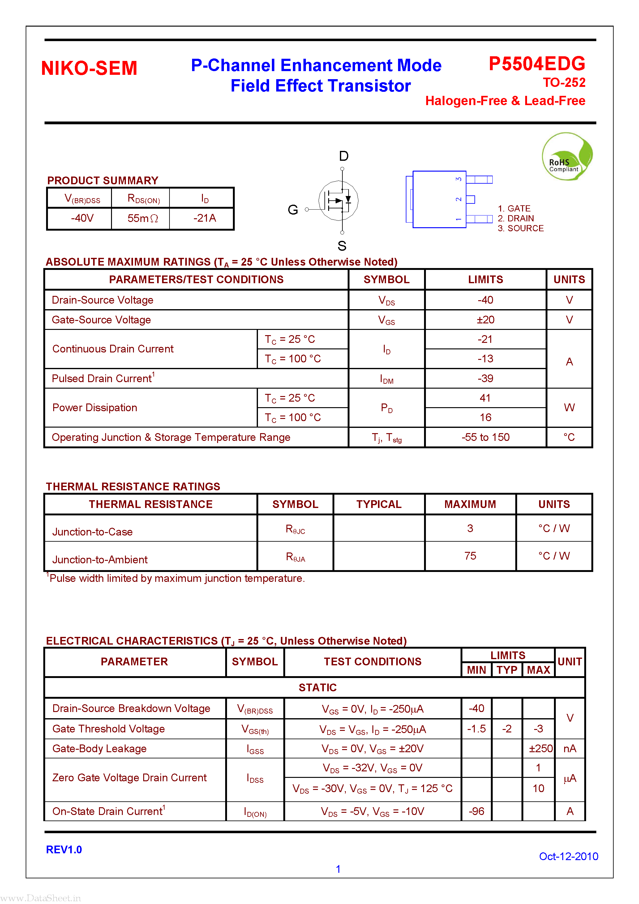 Datasheet P5504EDG - P-Channel Logic Level Enhancement page 1