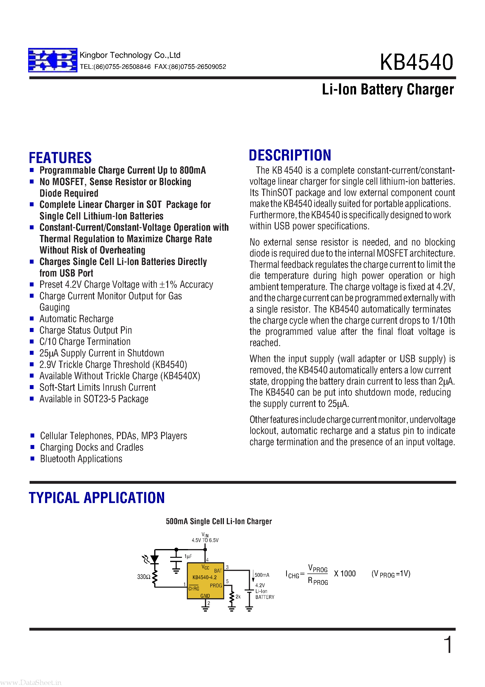 Datasheet KB4540 - Li-Ion Battery Charger page 1
