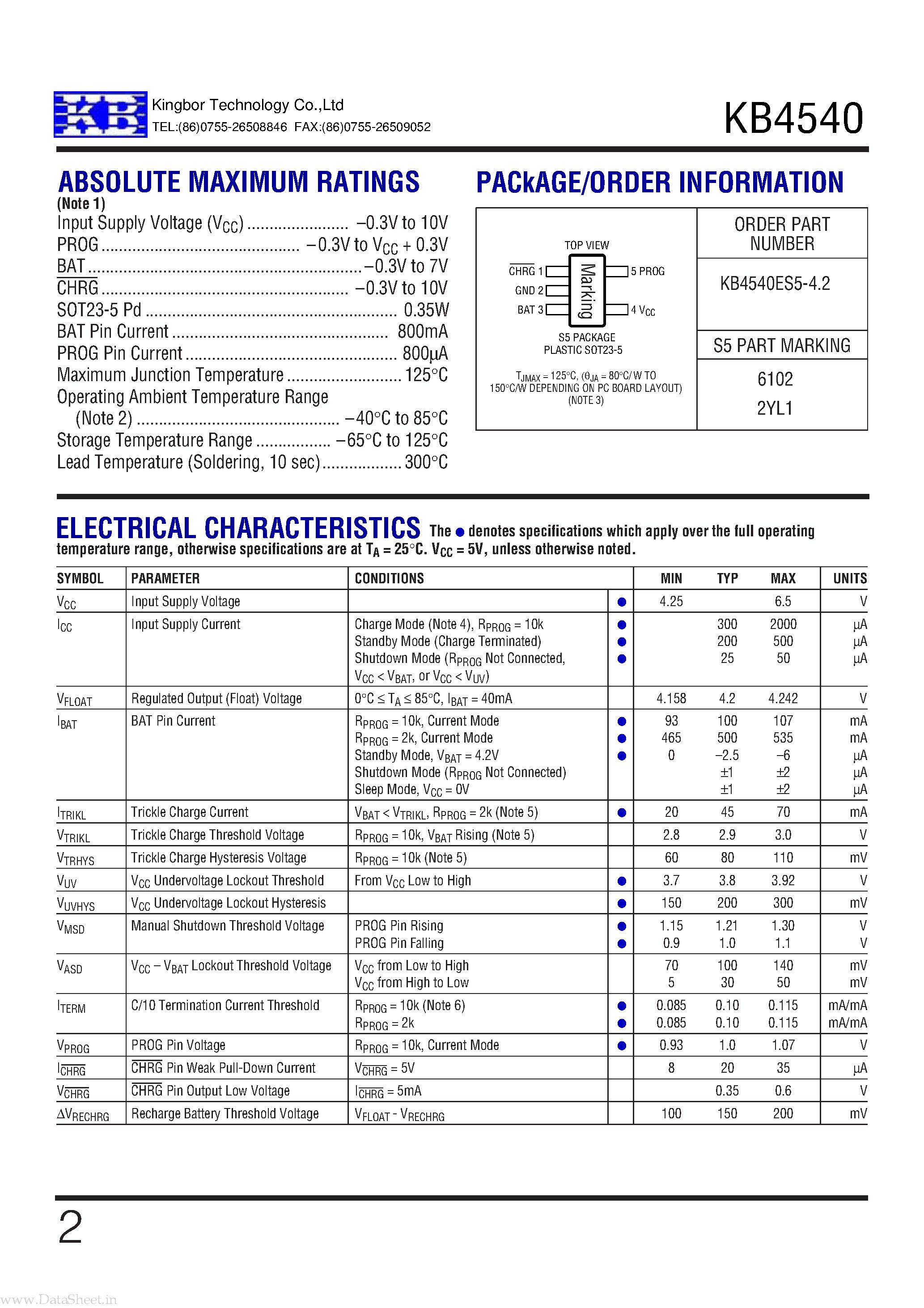 Datasheet KB4540 - Li-Ion Battery Charger page 2