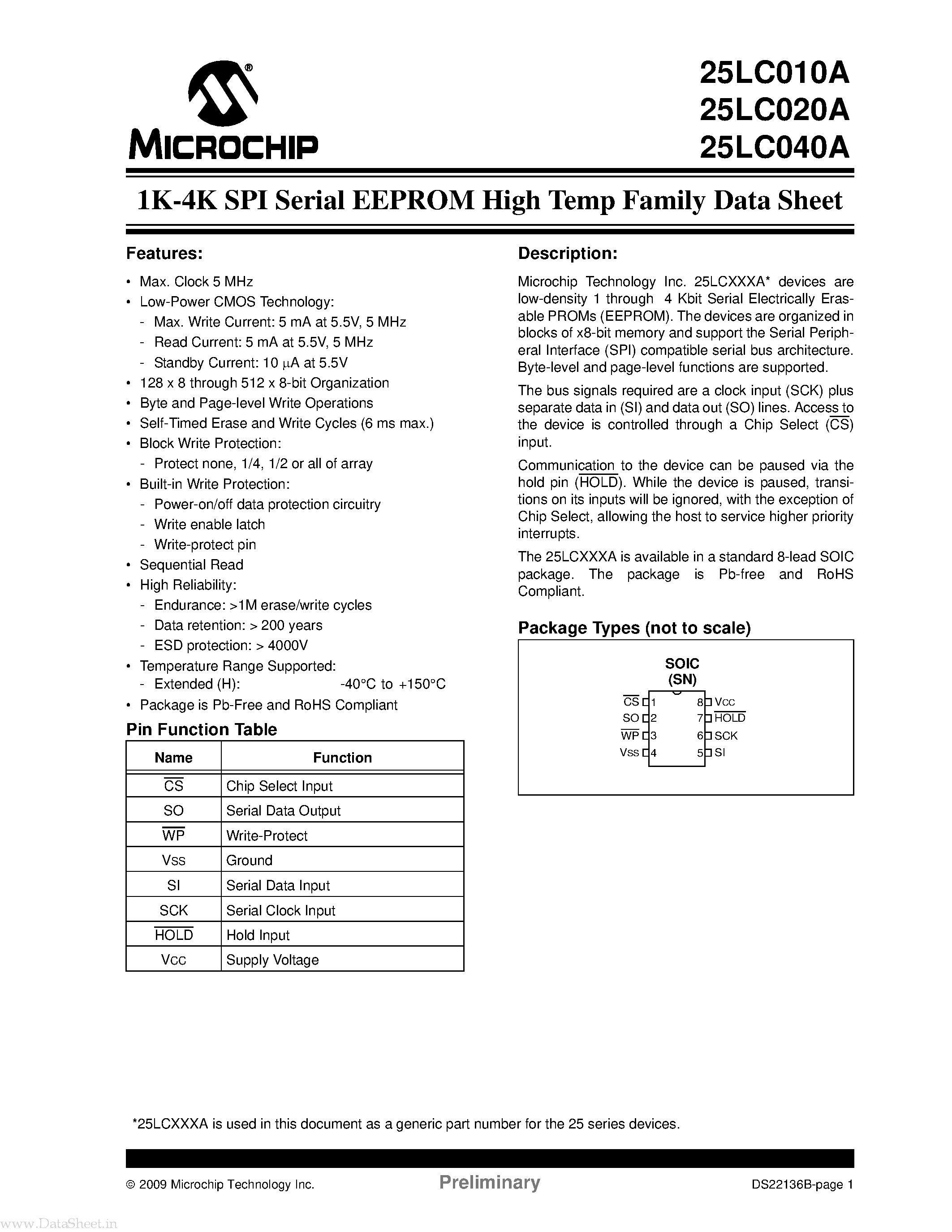 Datasheet 25LC010A - (25LC0x0A) 1K-4K SPI Serial EEPROM High Temp Family Data Sheet page 1