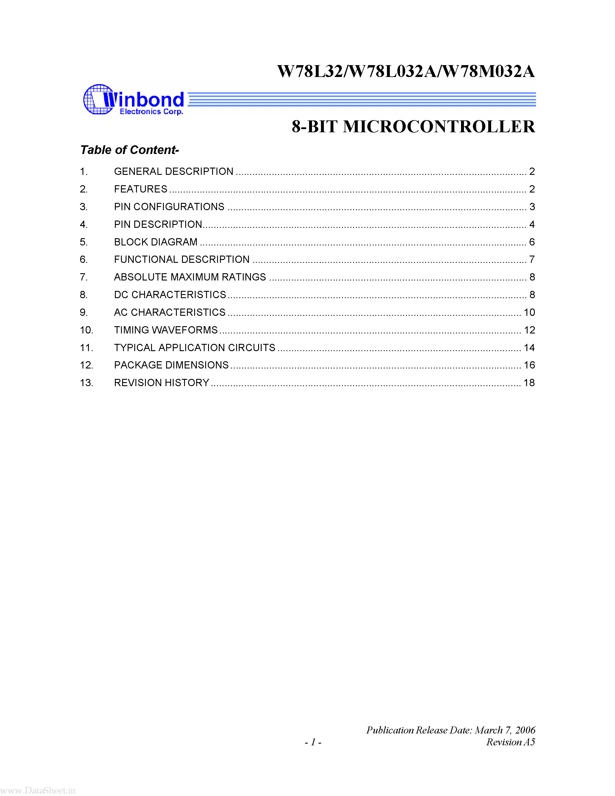 Datasheet W78L032A page 1 Datasheet W78L032A - 8-BIT MICROCONTROLLER page 1