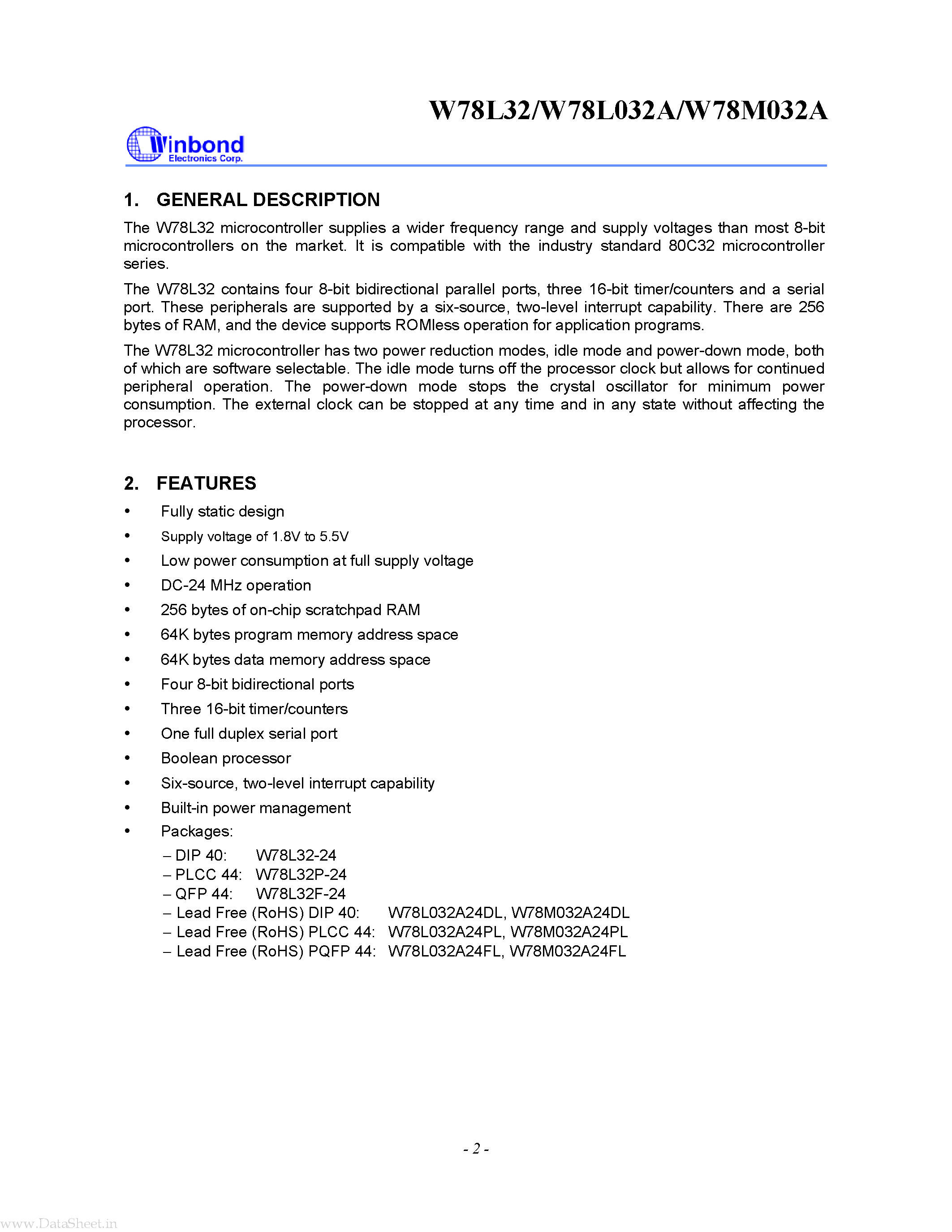 Datasheet W78L032A page 2 Datasheet W78L032A - 8-BIT MICROCONTROLLER page 2