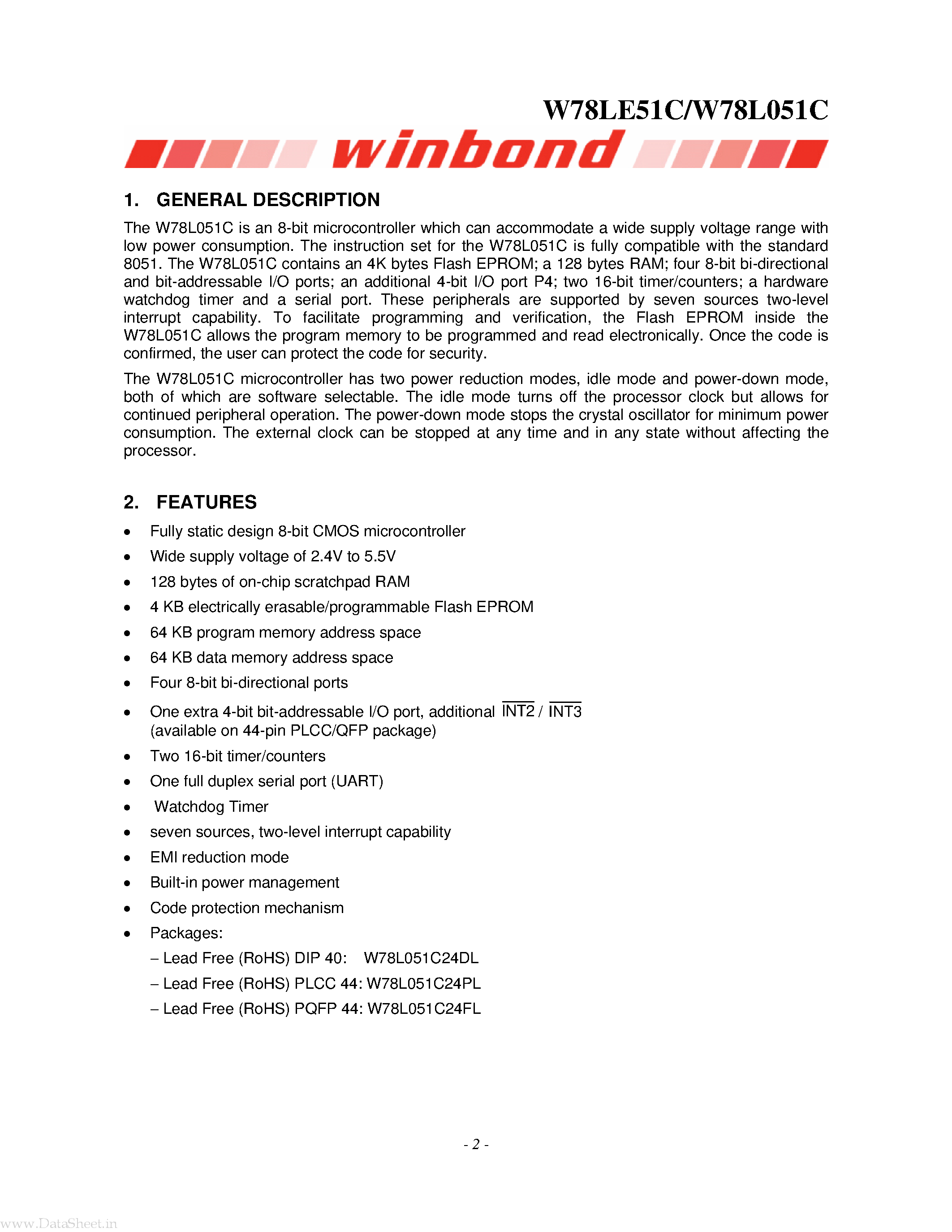 Datasheet W78L051C page 2 Datasheet W78L051C - 8-BIT MICROCONTROLLER page 2
