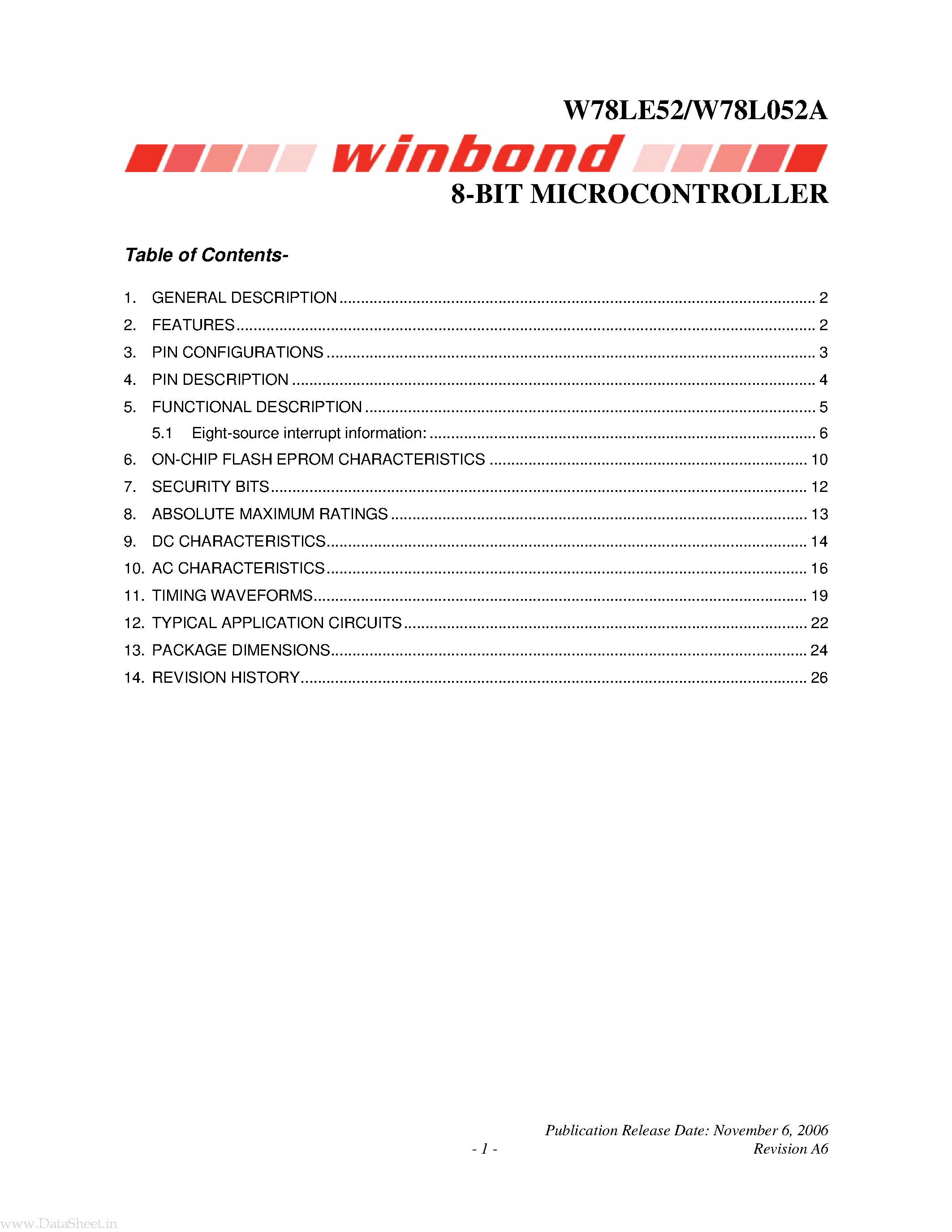 Datasheet W78L052A page 1 Datasheet W78L052A - 8-BIT MICROCONTROLLER page 1