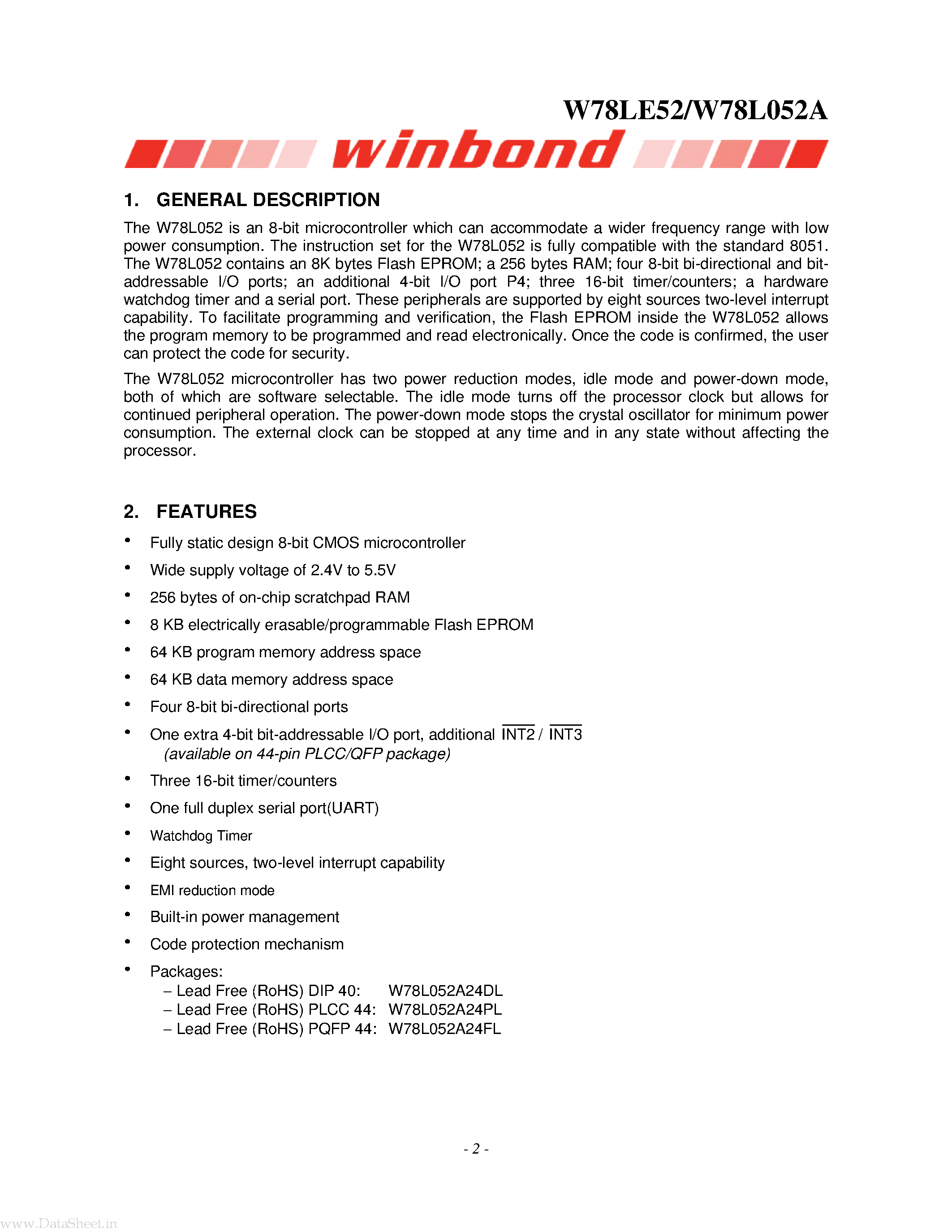 Datasheet W78L052A page 2 Datasheet W78L052A - 8-BIT MICROCONTROLLER page 2