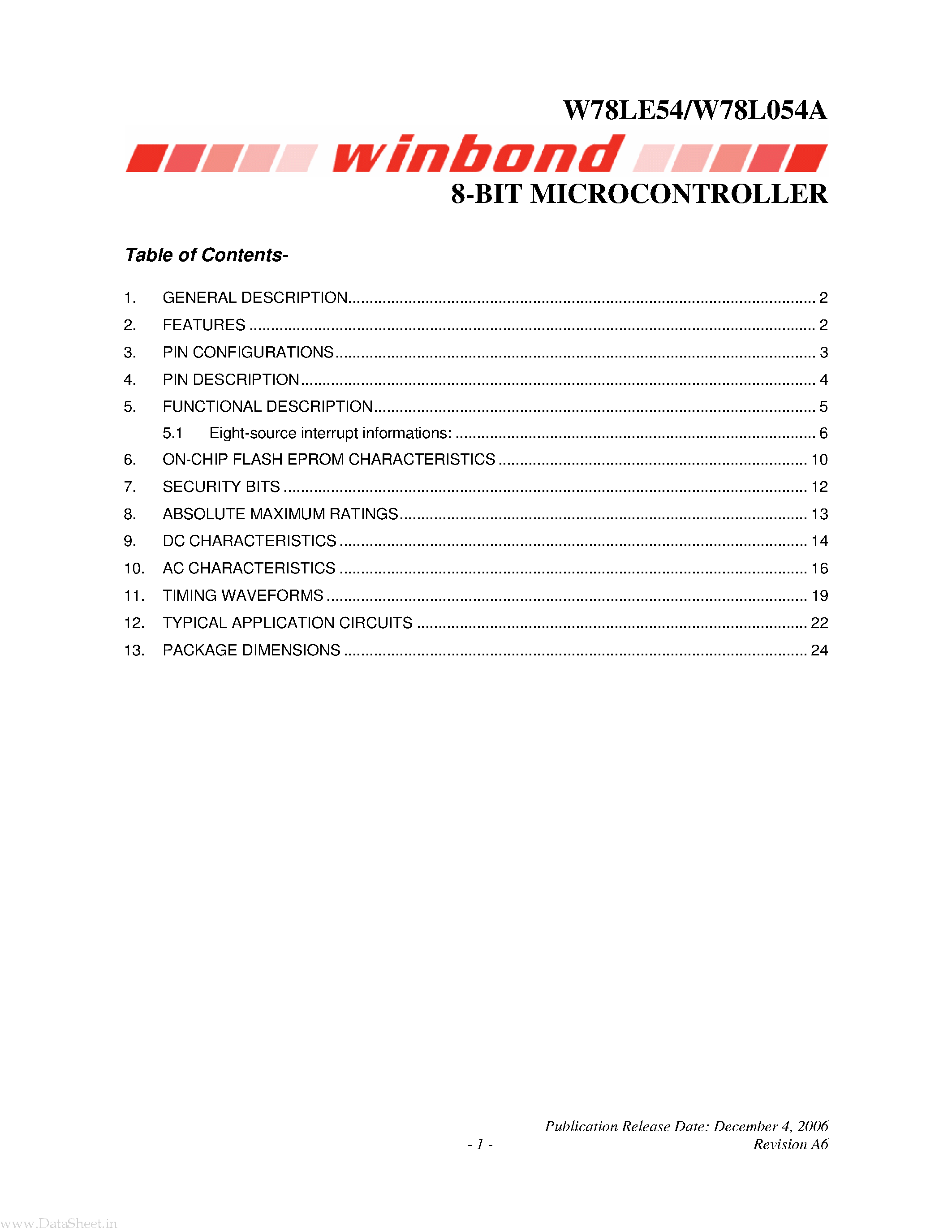 Даташит W78L054A - 8-BIT MICROCONTROLLER страница 1