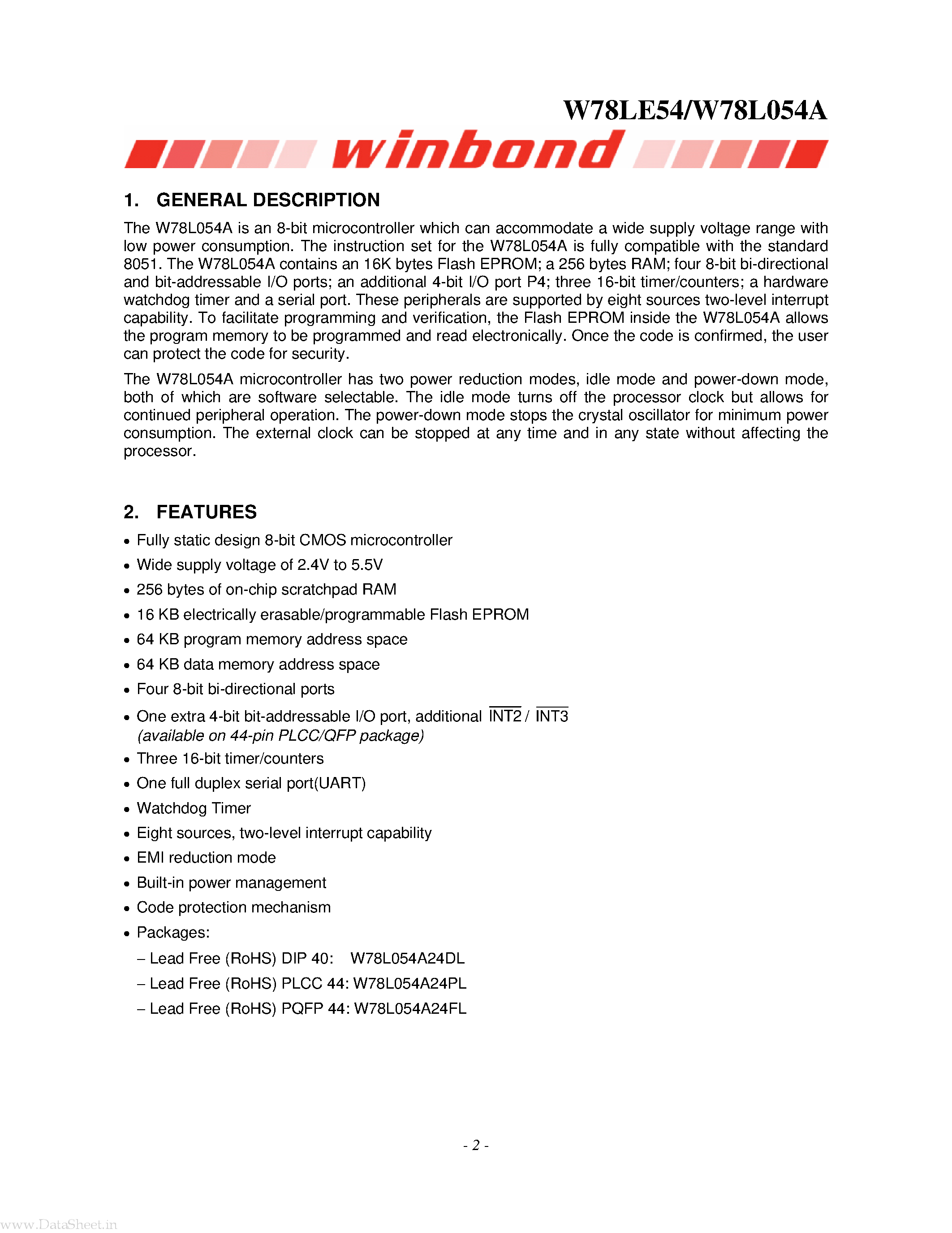 Даташит W78L054A - 8-BIT MICROCONTROLLER страница 2