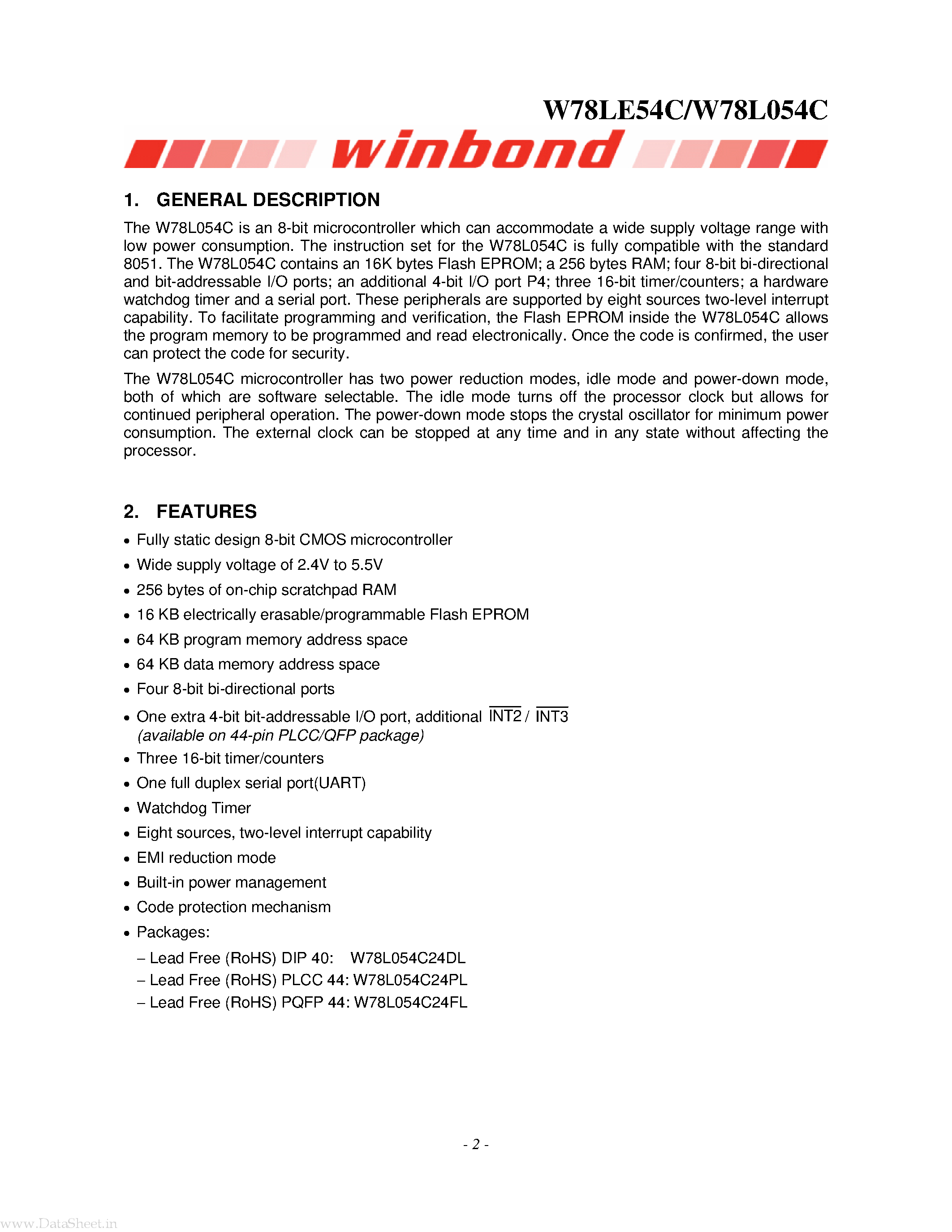 Даташит W78L054C - 8-BIT MICROCONTROLLER страница 2