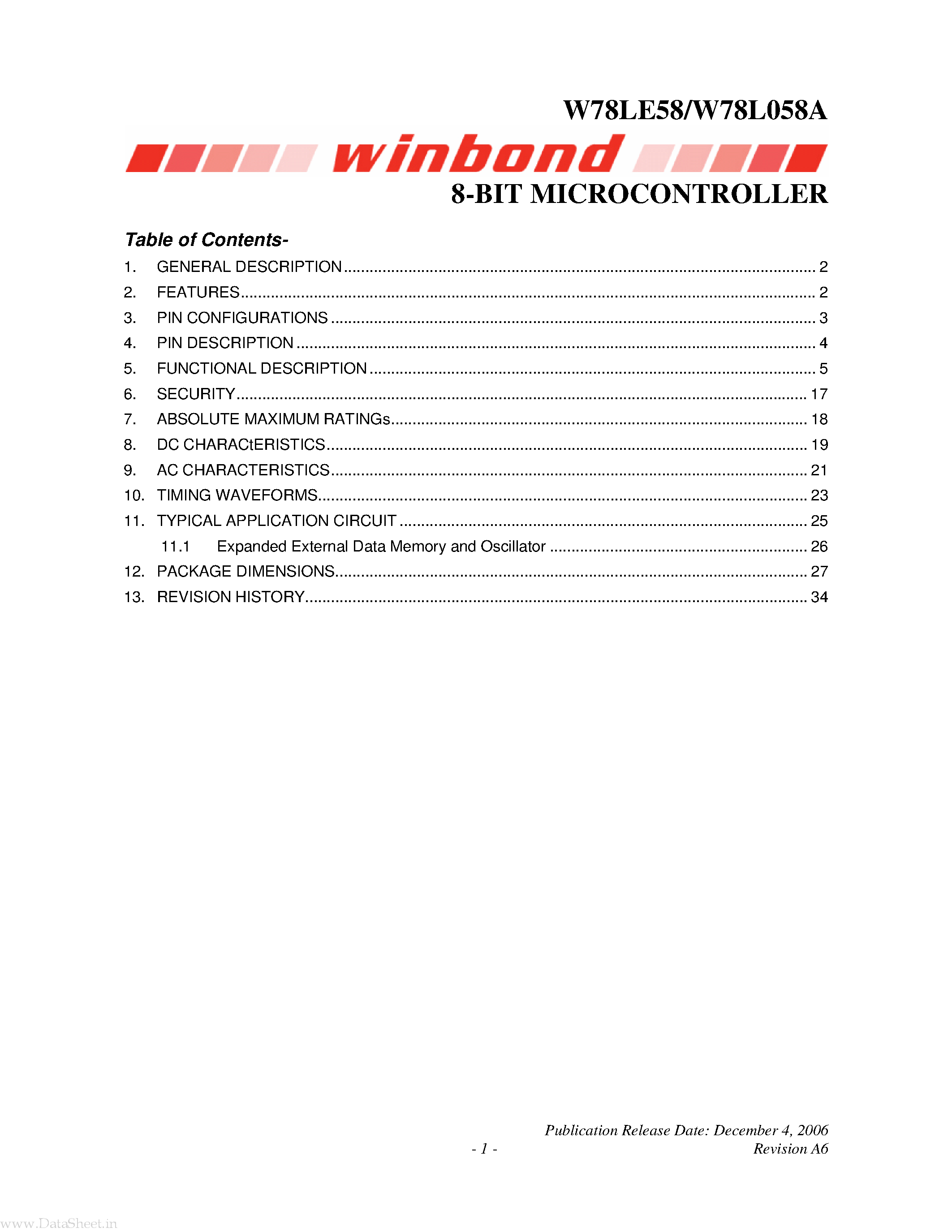 Даташит W78L058A - 8-BIT MICROCONTROLLER страница 1