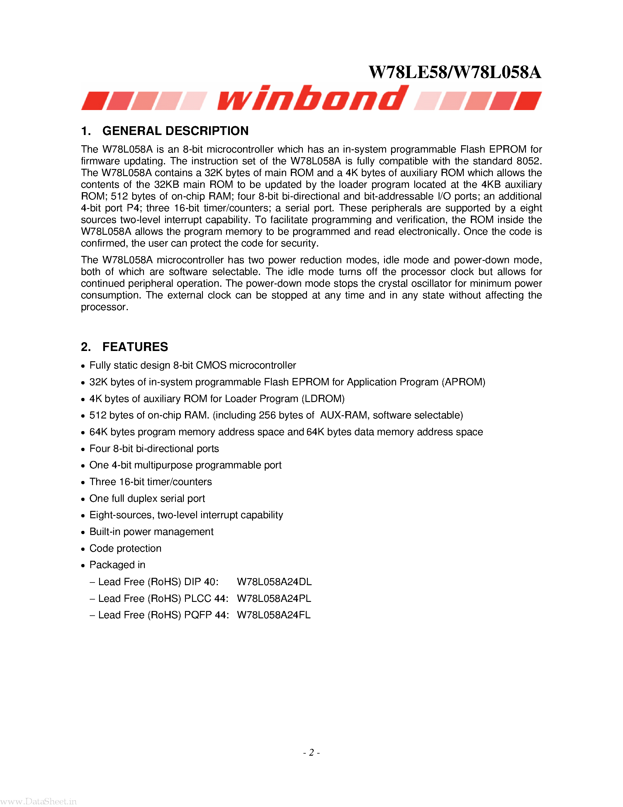 Даташит W78L058A - 8-BIT MICROCONTROLLER страница 2