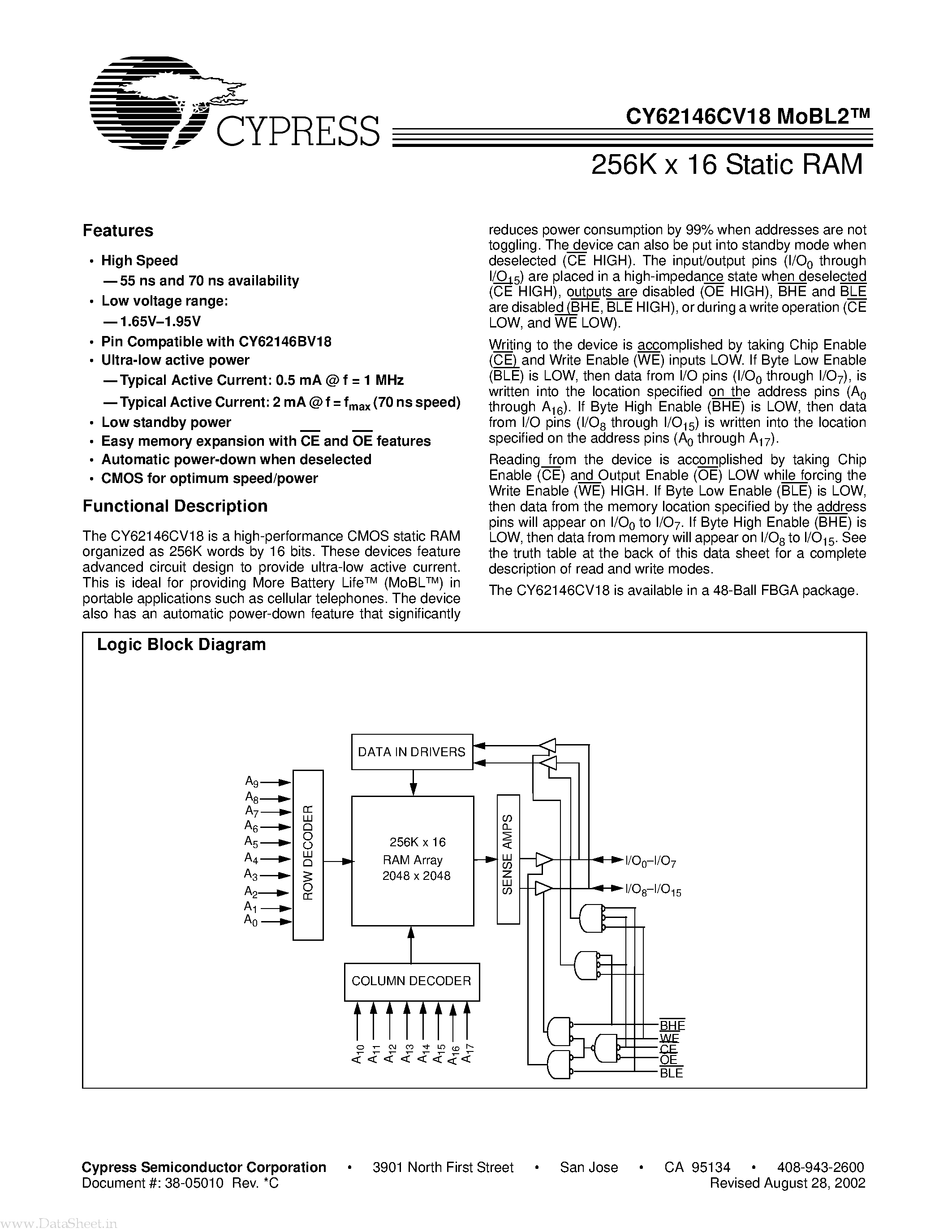 Даташит CY62146CV18 - 256K x 16 Static RAM страница 1