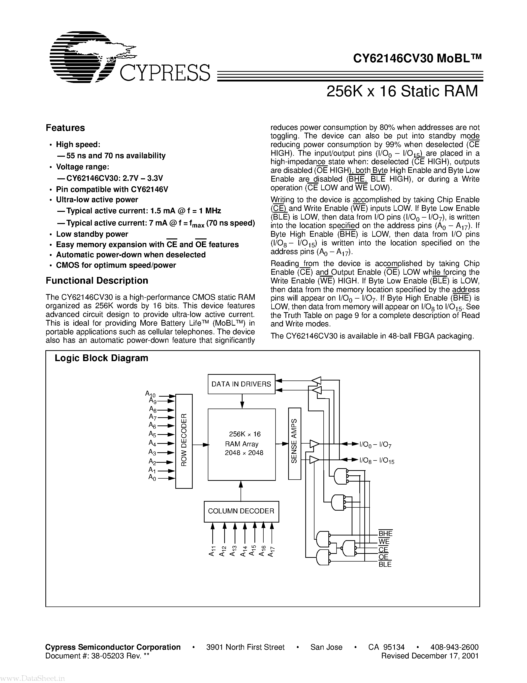 Даташит CY62146CV30 - 256K x 16 Static RAM страница 1