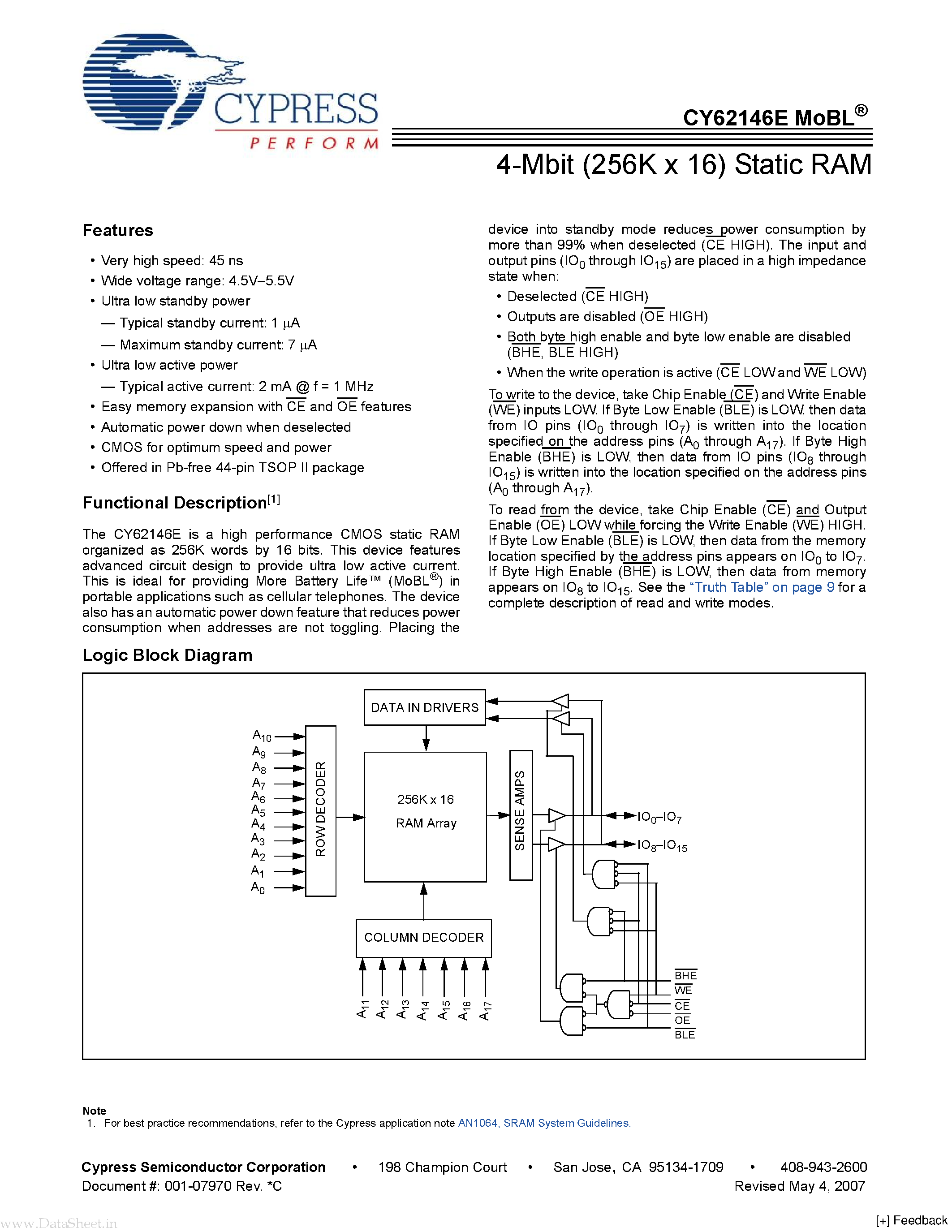 Datasheet CY62146E page 1 Datasheet CY62146E - 4-Mbit (256K x 16) Static RAM page 1
