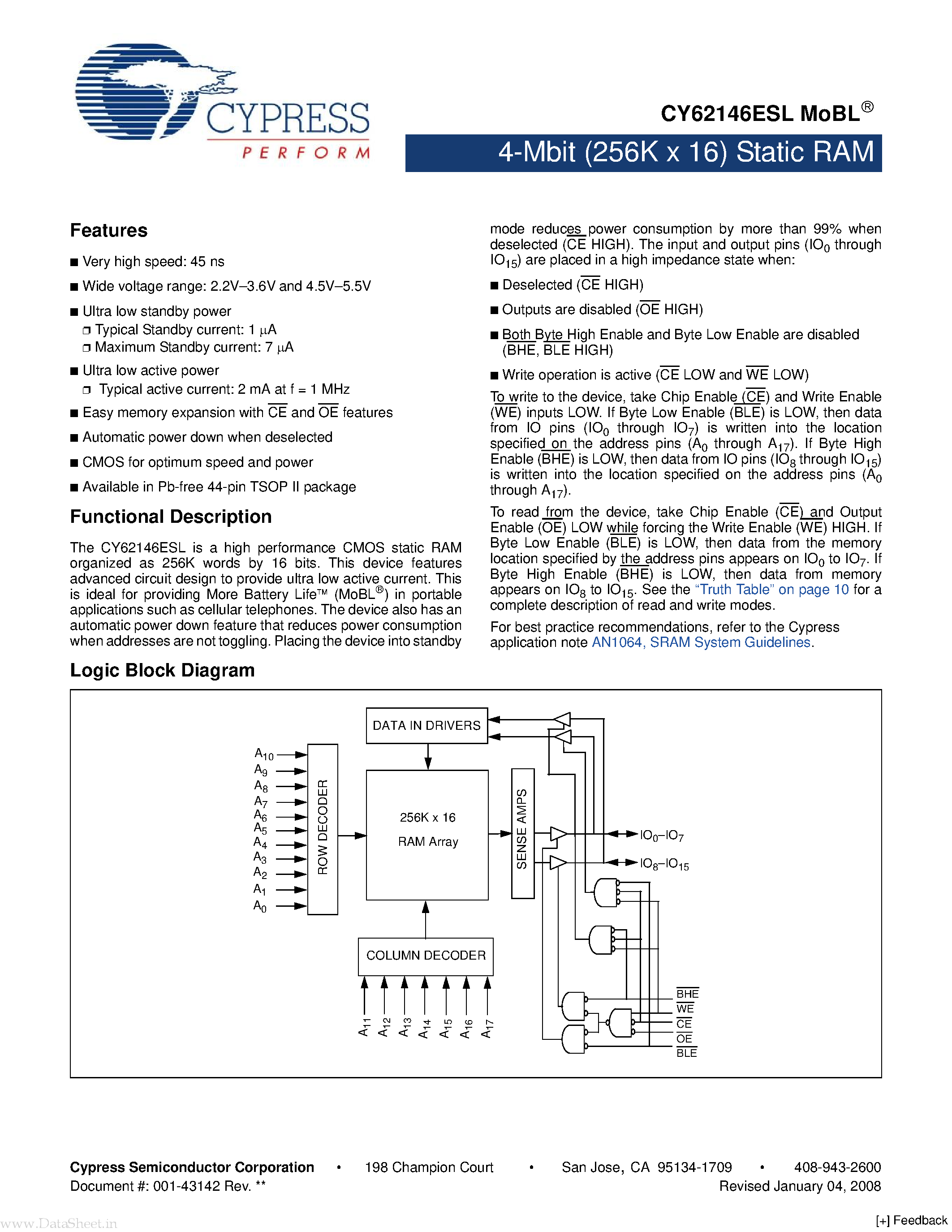 Datasheet CY62146ESL - 4-Mbit (256K x 16) Static RAM page 1