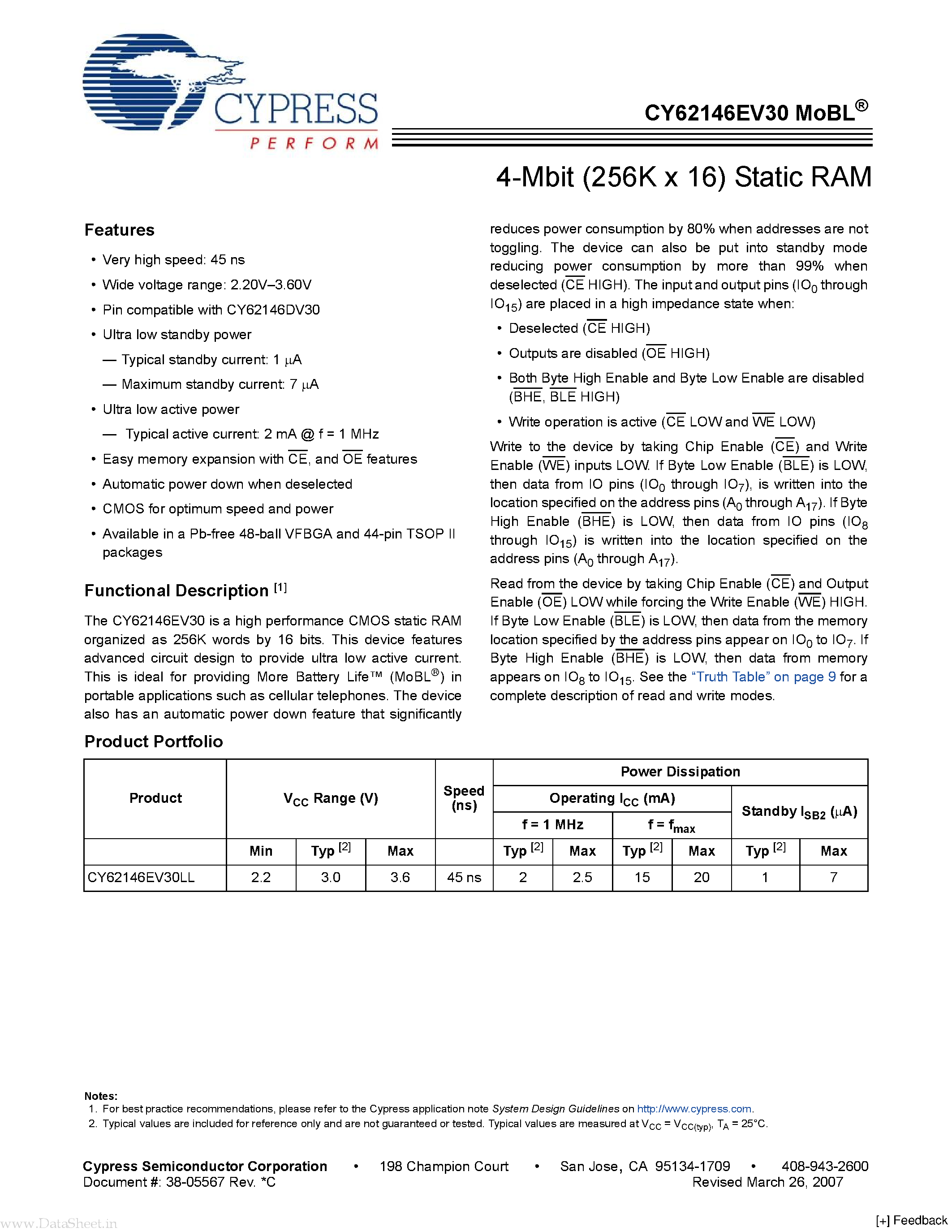 Datasheet CY62146EV30 page 1 Datasheet CY62146EV30 - 4-Mbit (256K x 16) Static RAM page 1