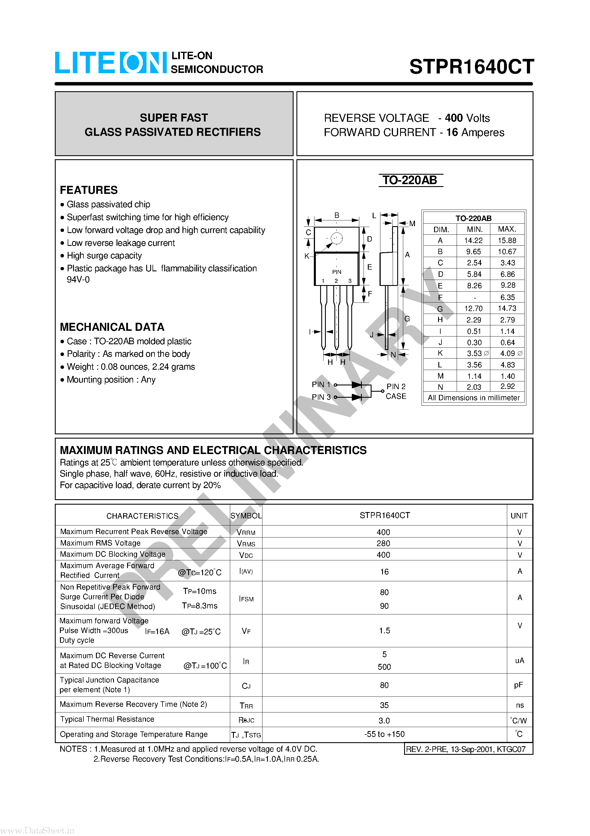 Datasheet STPR1640CT page 1 Datasheet STPR1640CT - SUPER FAST GLASS PASSIVATED RECTIFIERS page 1