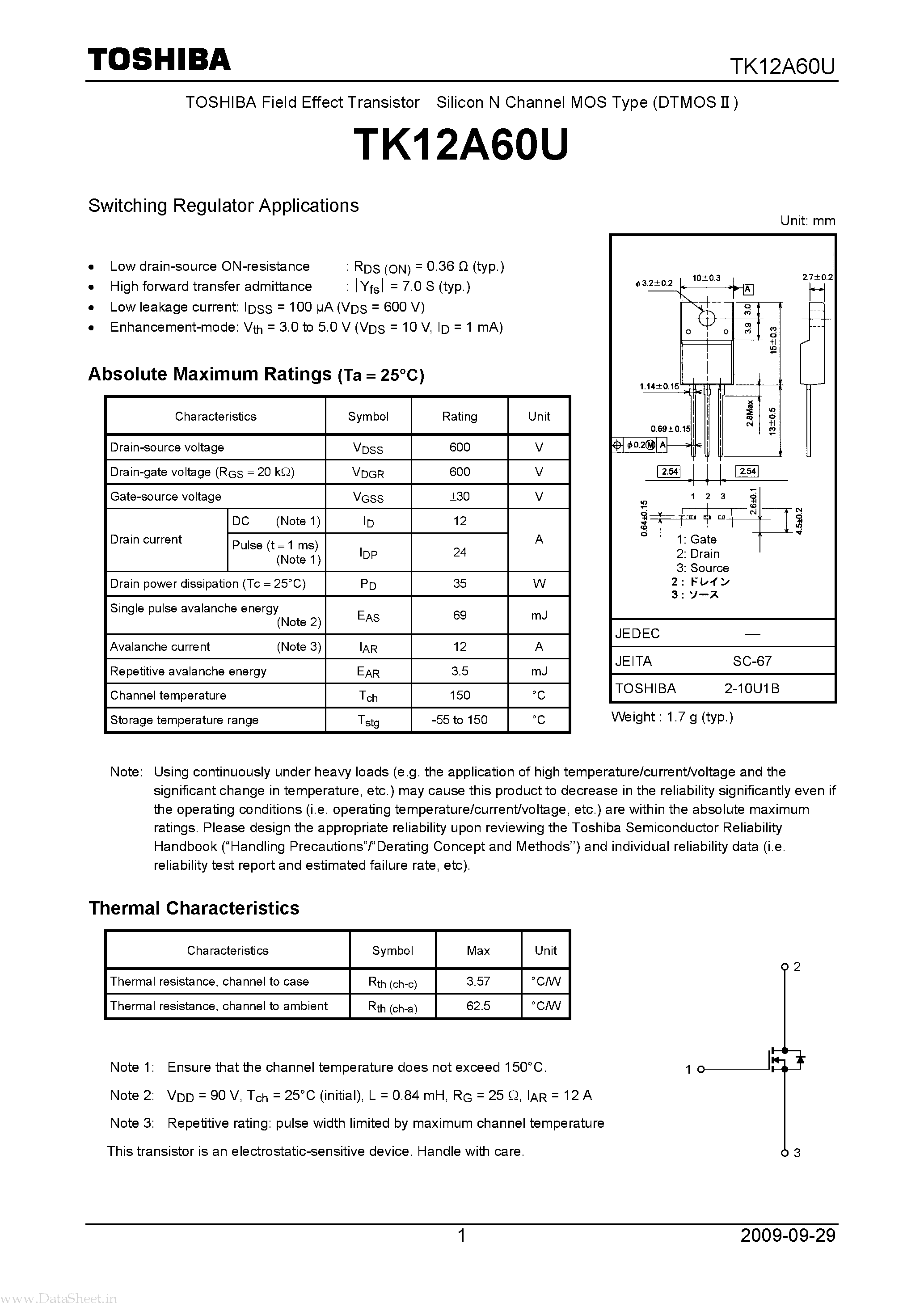 Datasheet TK12A60U page 1 Datasheet TK12A60U - Field Effect Transistor Silicon N-Channel MOS Type page 1