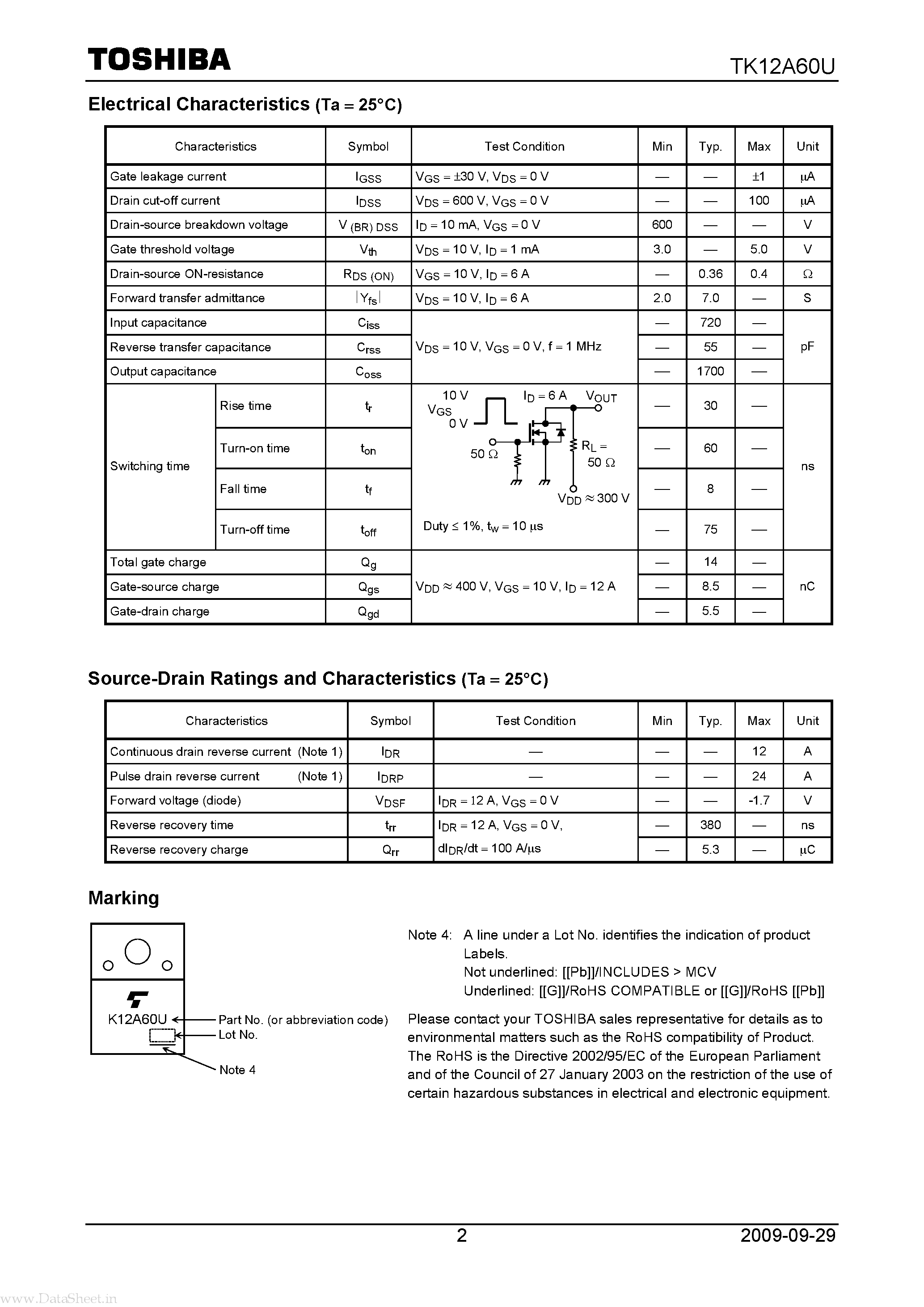 Datasheet TK12A60U page 2 Datasheet TK12A60U - Field Effect Transistor Silicon N-Channel MOS Type page 2