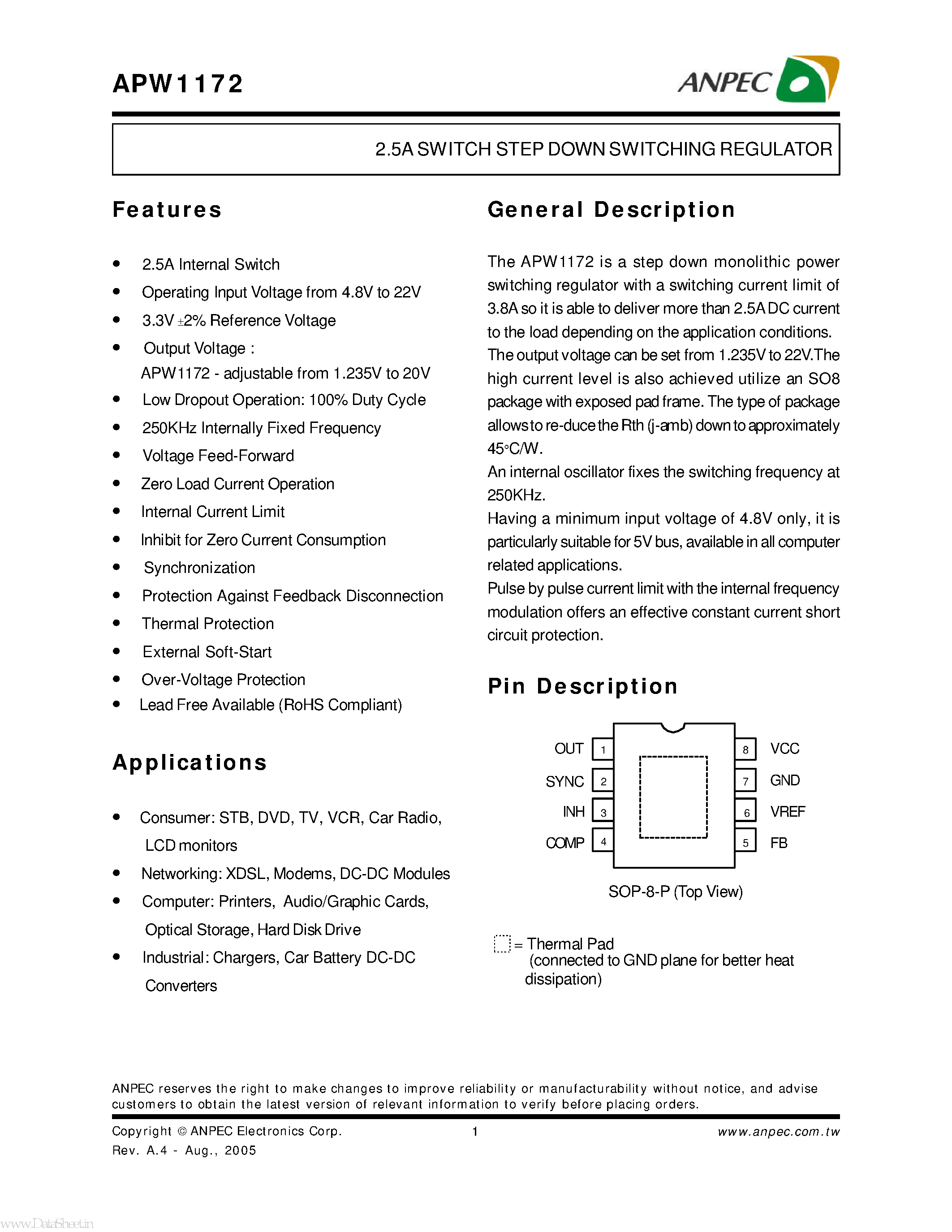 Даташит на микросхему APW1172 страница 1 Даташит APW1172 - 2.5A SWITCH STEP DOWN SWITCHING REGULATOR страница 1