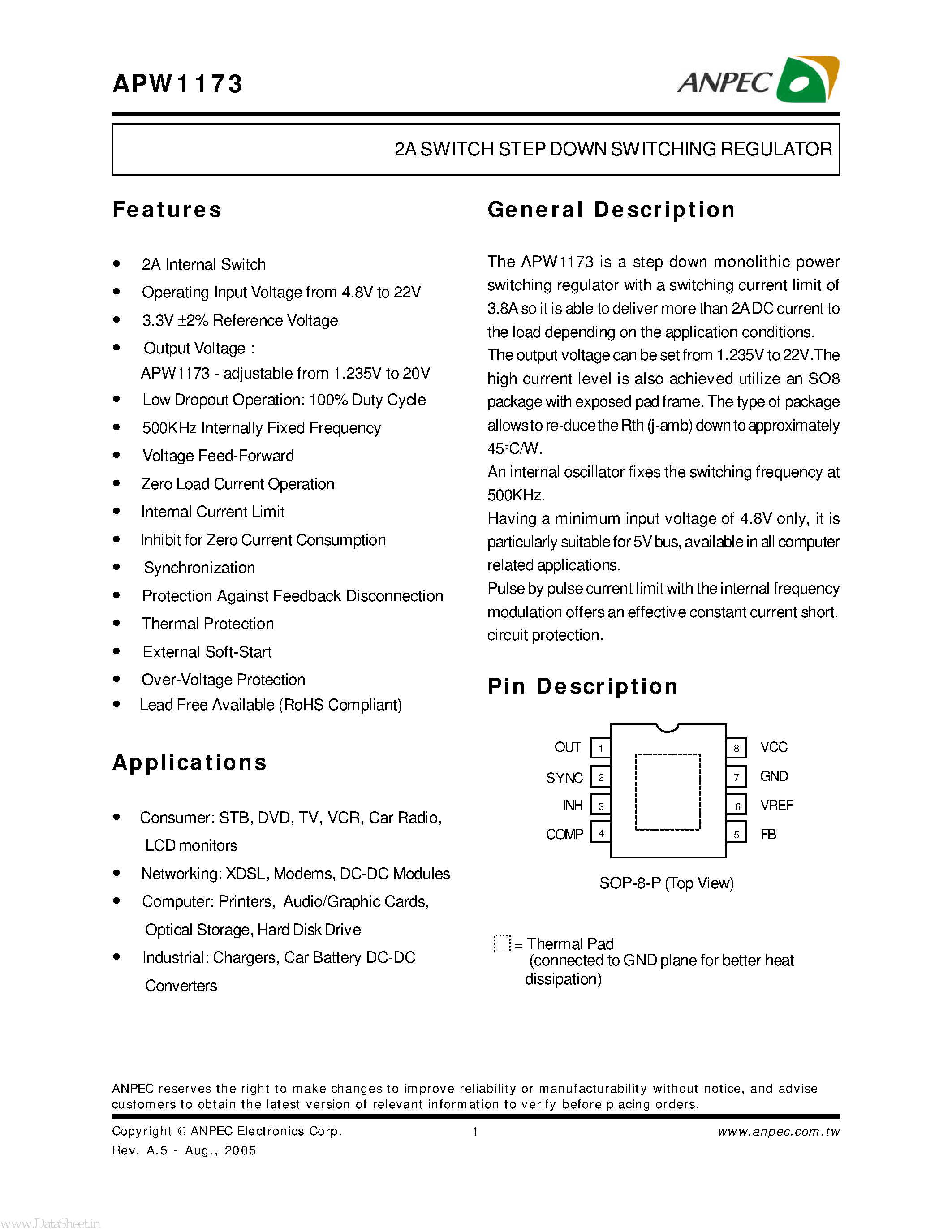 Даташит на микросхему APW1173 страница 1 Даташит APW1173 - 2A SWITCH STEP DOWN SWITCHING REGULATOR страница 1