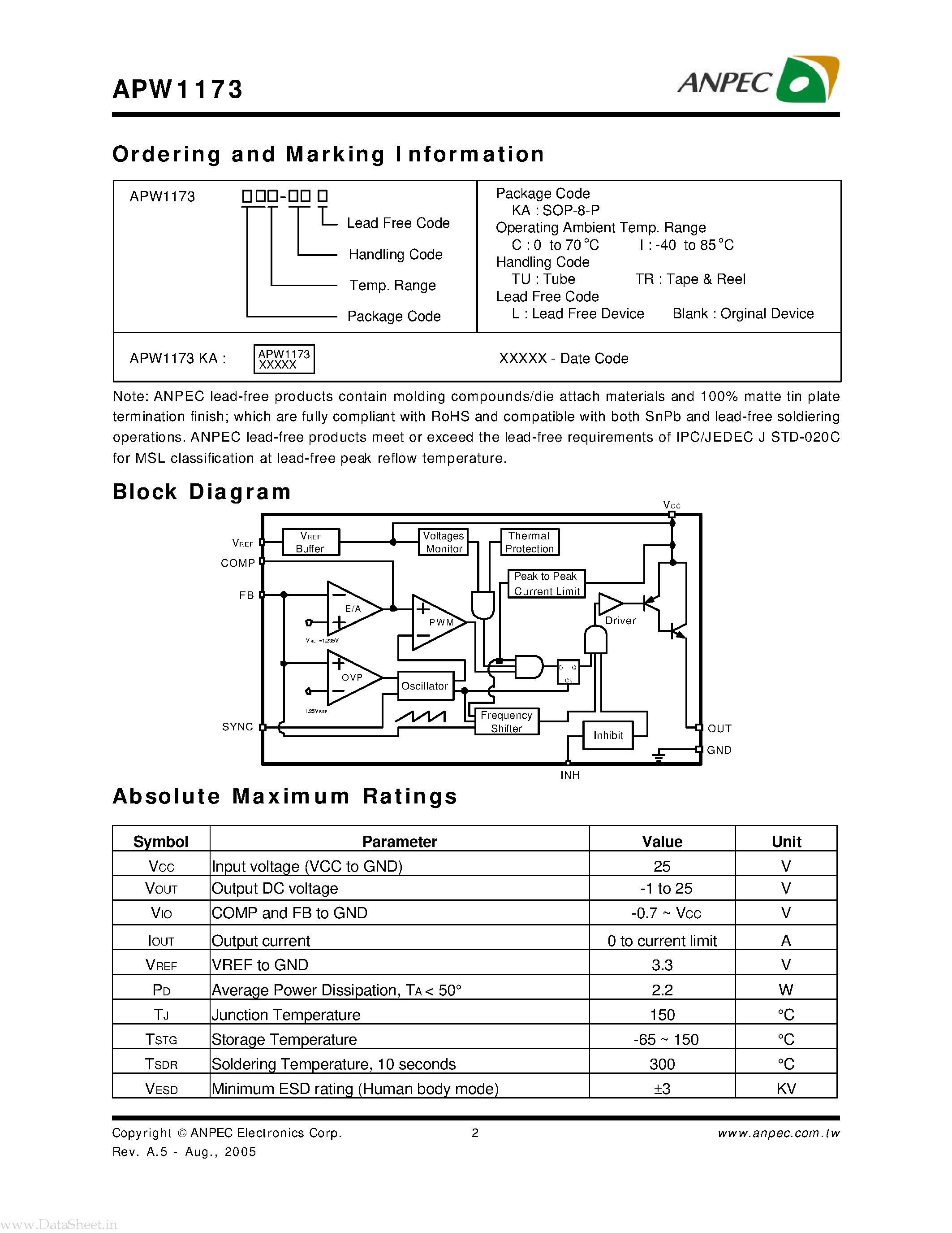 Даташит на микросхему APW1173 страница 2 Даташит APW1173 - 2A SWITCH STEP DOWN SWITCHING REGULATOR страница 2