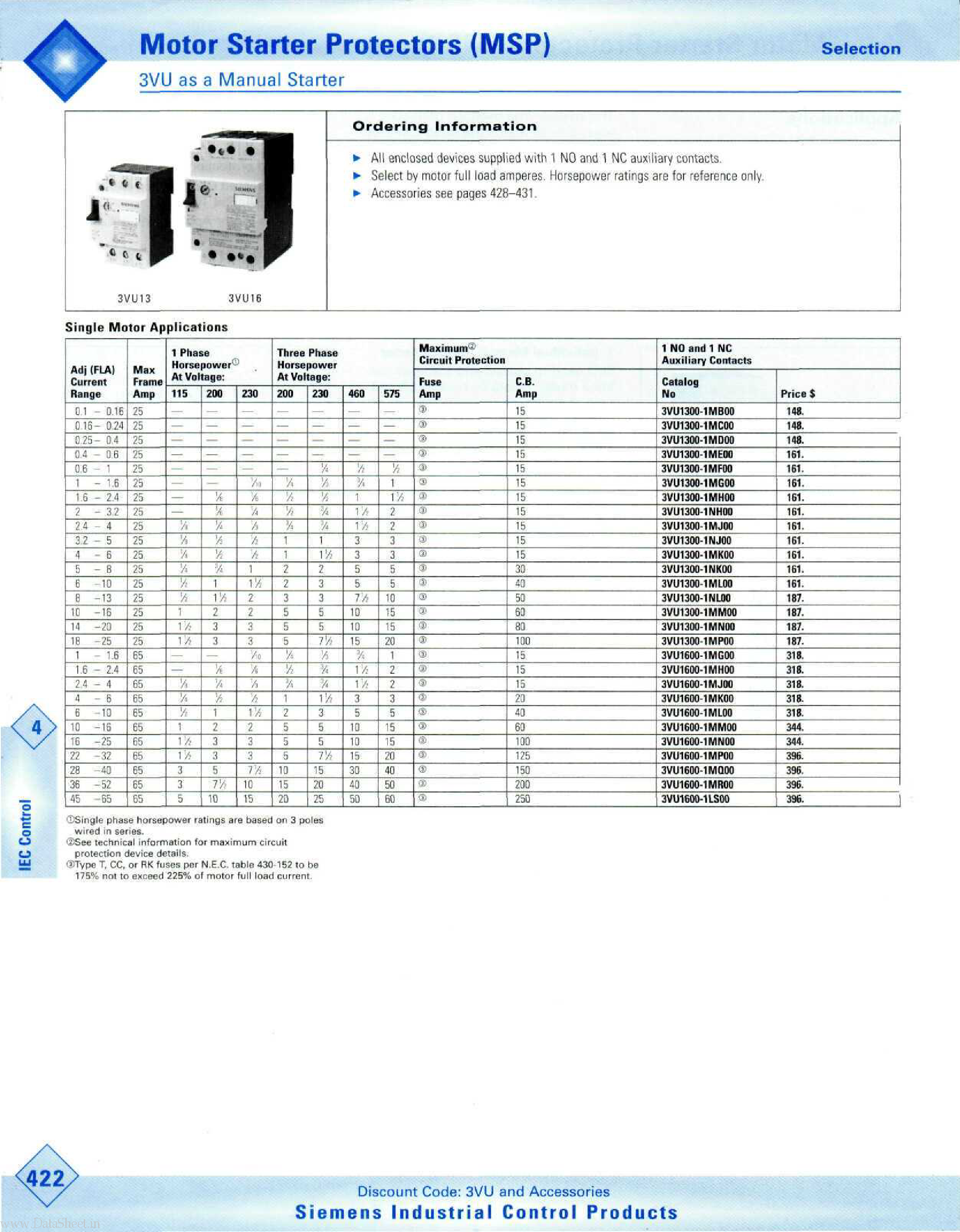 Datasheet 3VU1300 page 1 Datasheet 3VU1300 - Motor Starter Protectors page 1
