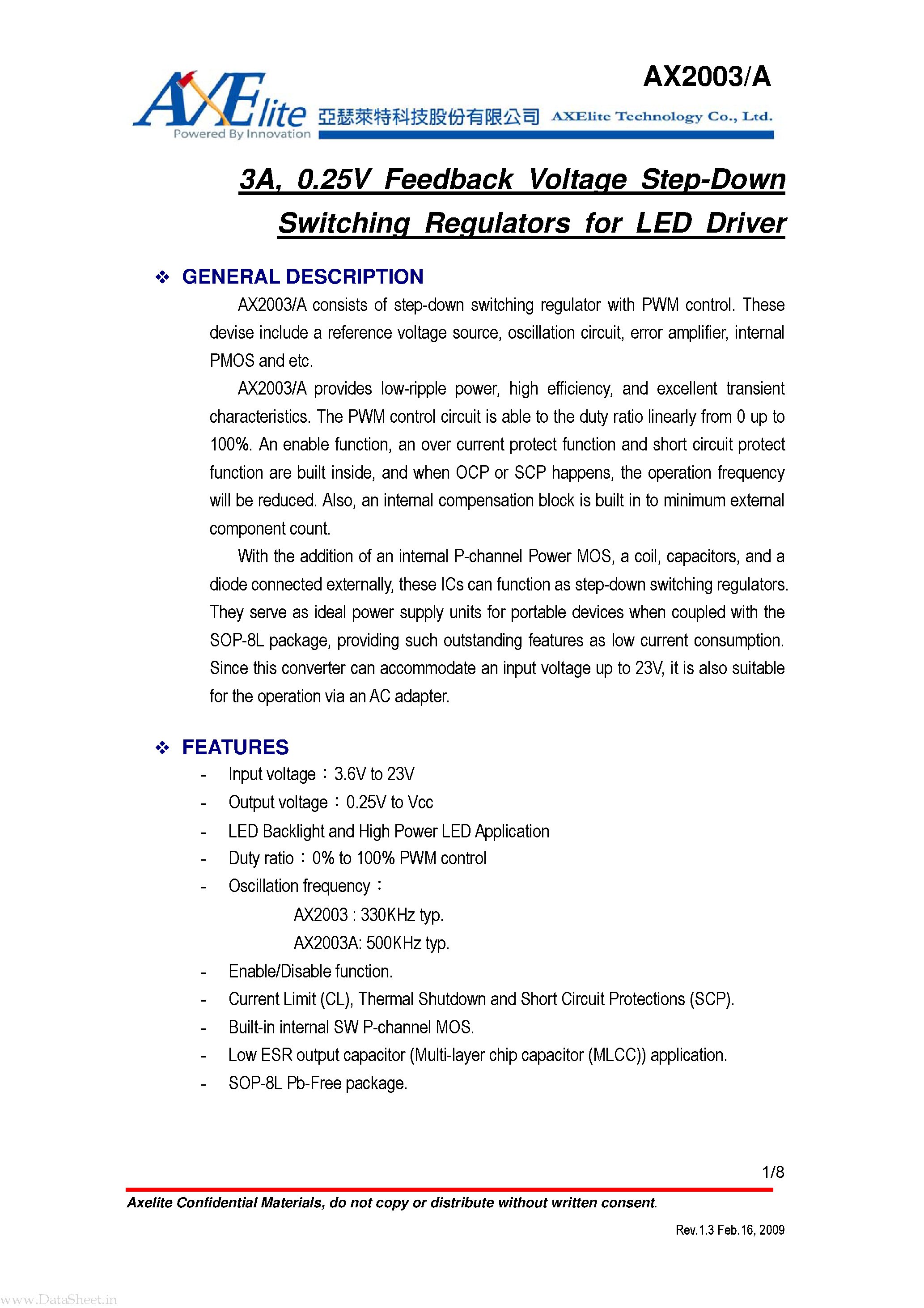 Datasheet AX2003 page 1 Datasheet AX2003 - 0.25V Feedback Voltage Step-Down Switching Regulators page 1