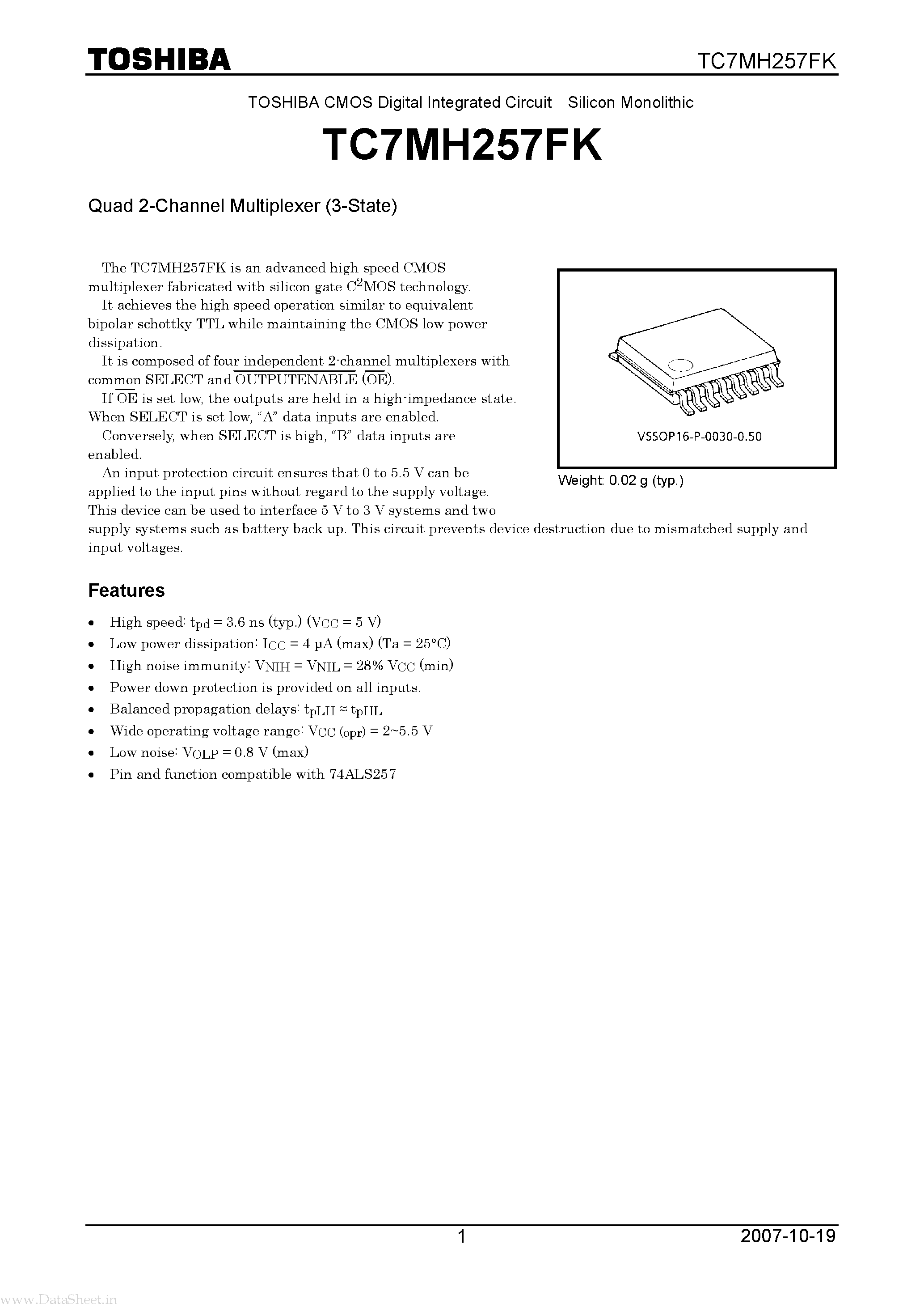 Datasheet TC7MH257FK - Quad 2-Channel Multiplexer page 1