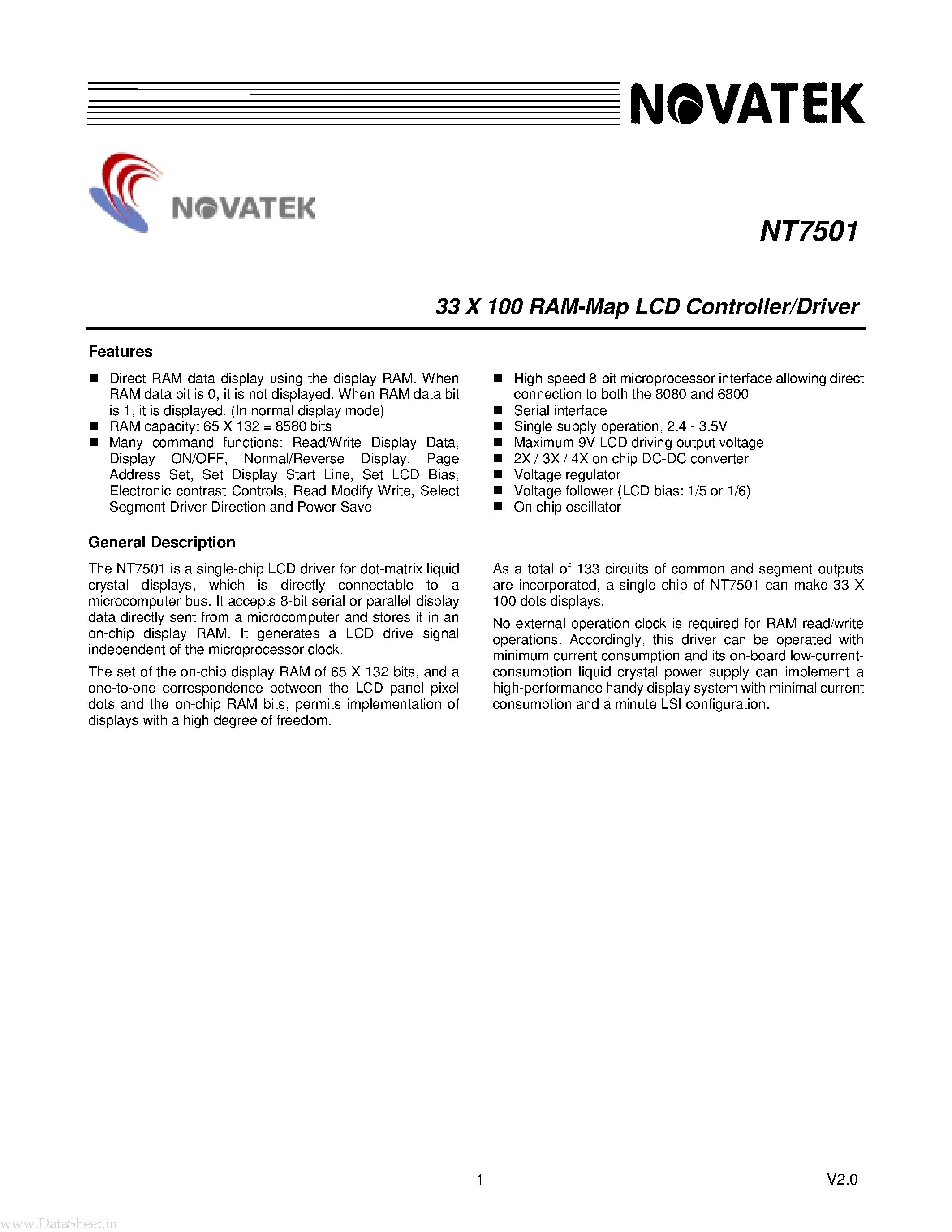 Datasheet NT7501 - 33 X 100 RAM-Map LCD Controller/Driver page 1