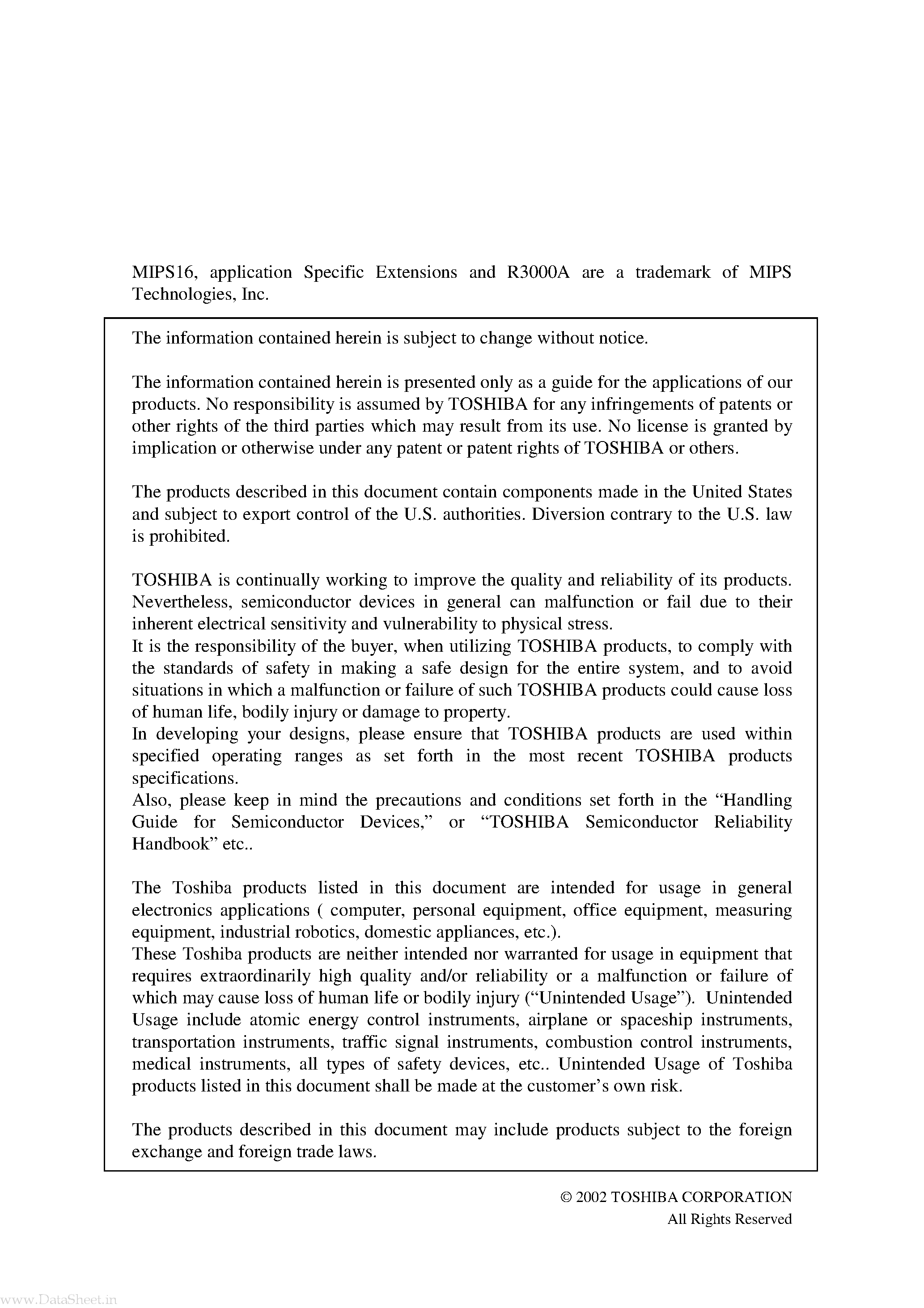 Datasheet TMPR3916 page 2 Datasheet TMPR3916 - 32-Bit TX System RISC TX39 Family page 2