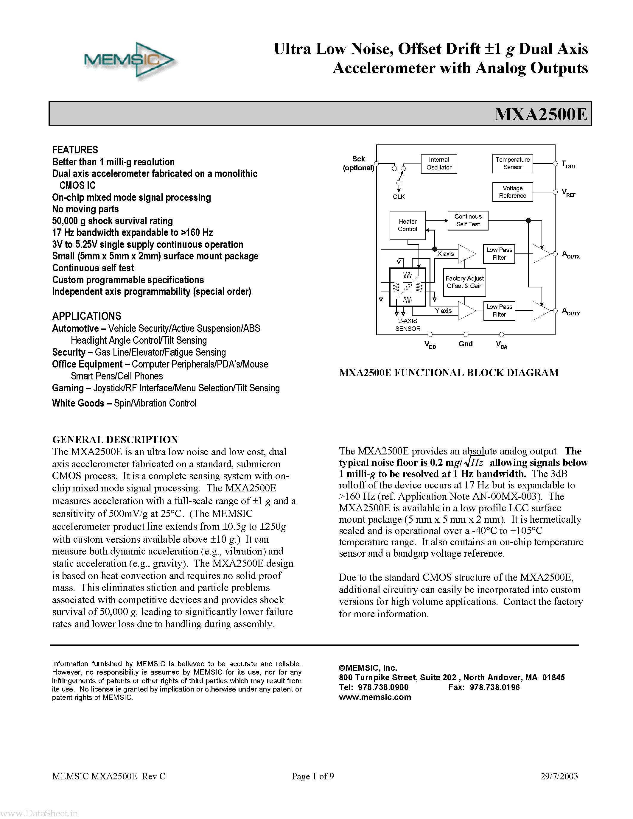 Datasheet MXA2500E page 1 Datasheet MXA2500E - Offset Drift 1 g Dual Axis Accelerometer page 1
