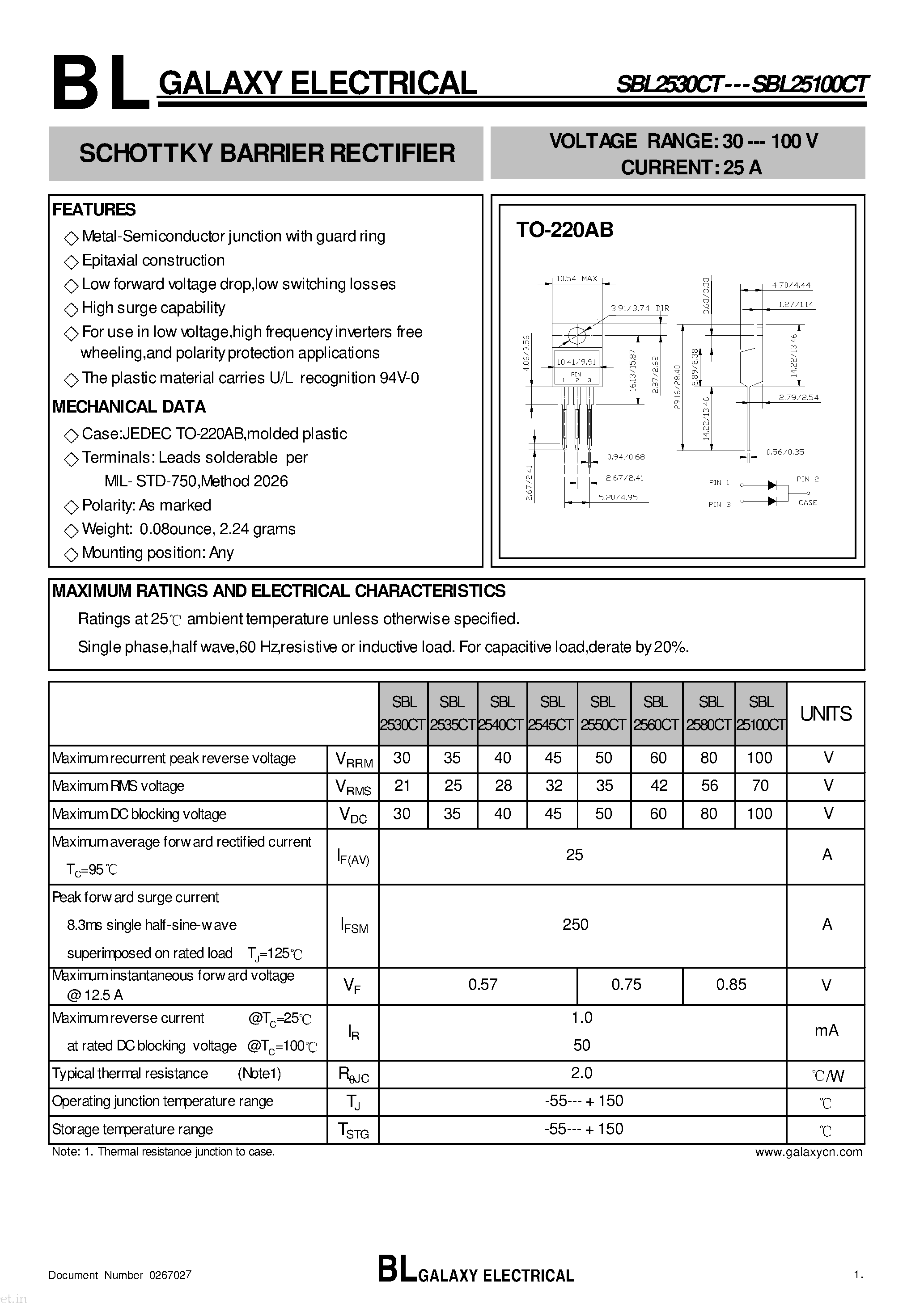 Datasheet SBL25100CT page 1 Datasheet SBL25100CT - (SBL2530CT - SBL25100CT) SCHOTTKY BARRIER RECTIFIER page 1