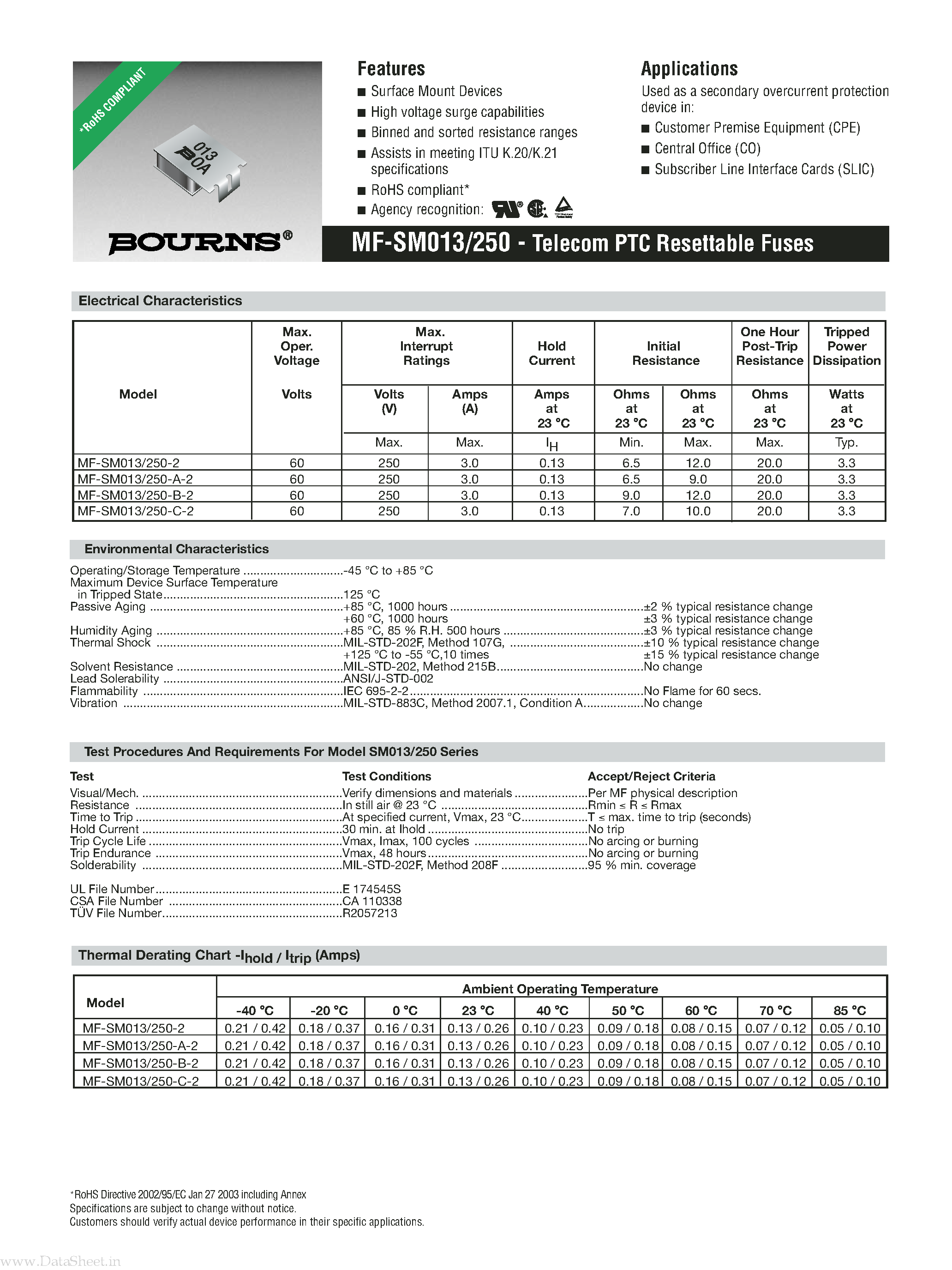 Datasheet MF-SM013 page 1 Datasheet MF-SM013 - Telecom PTC Resettable Fuses page 1