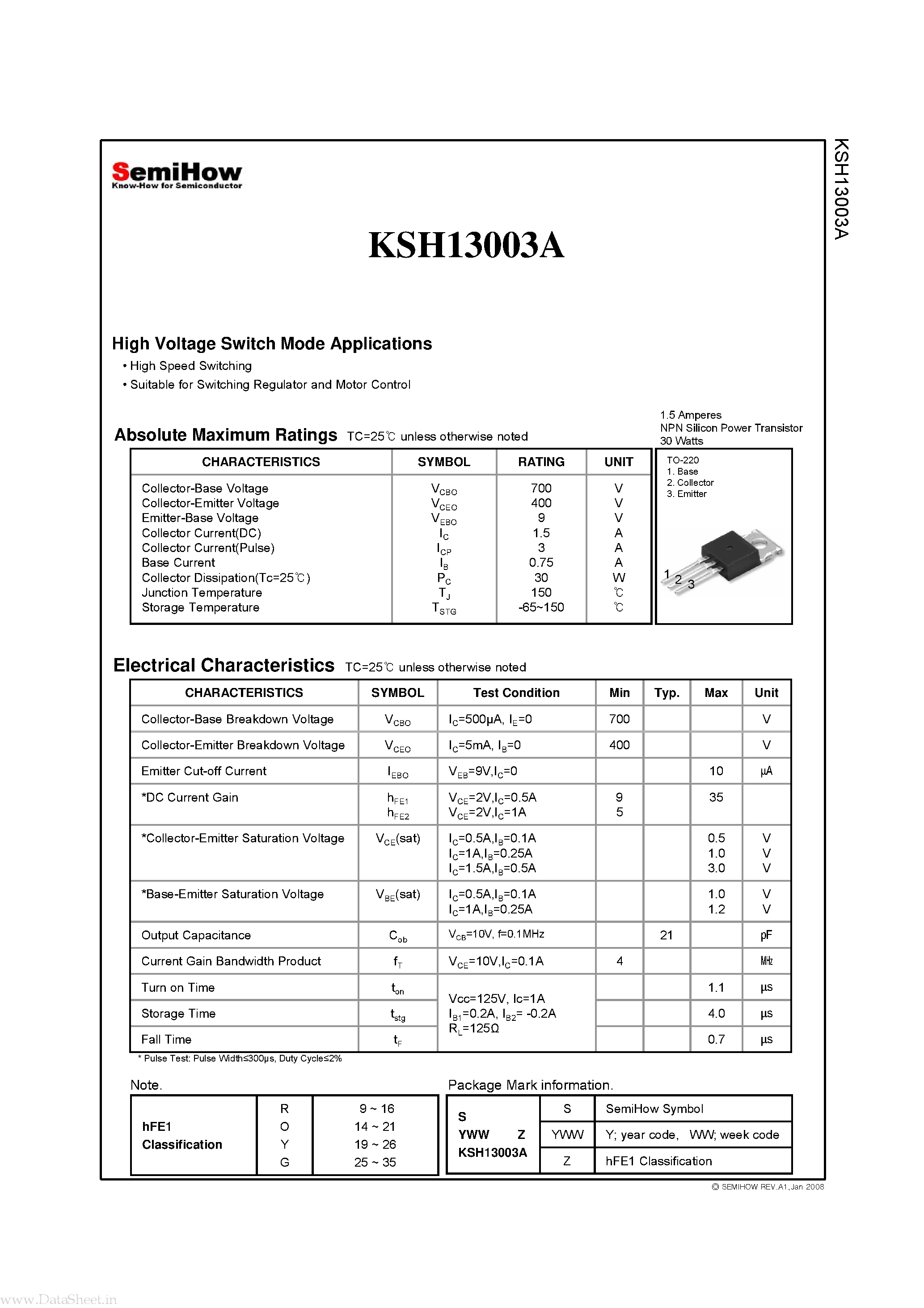Datasheet KSH13003A page 2 Datasheet KSH13003A - High Voltage Switch Mode Applications page 2