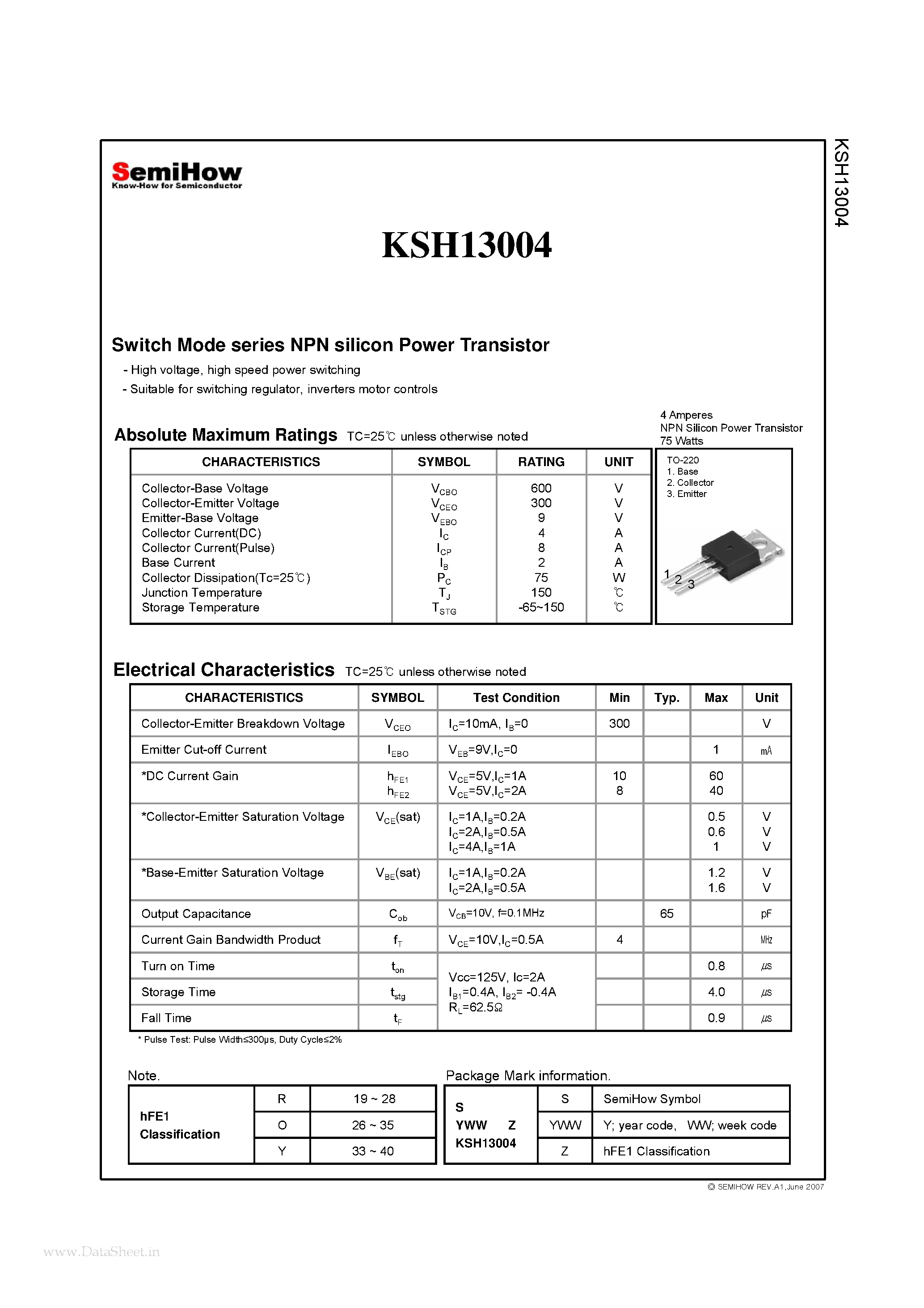 Datasheet KSH13004 page 2 Datasheet KSH13004 - Switch Mode series NPN silicon Power Transistor page 2