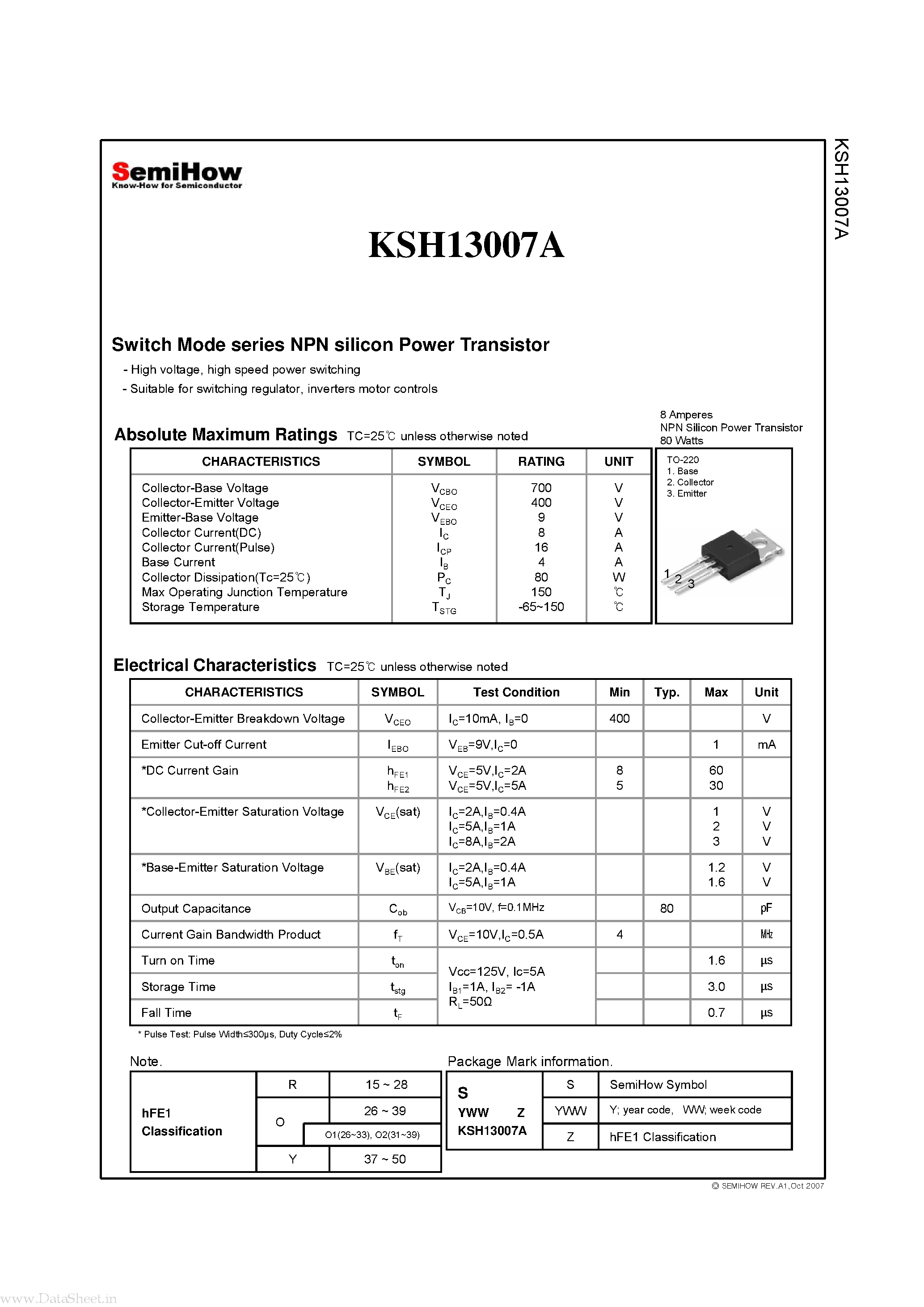 Datasheet KSH13007A page 2 Datasheet KSH13007A - Switch Mode series NPN silicon Power Transistor page 2