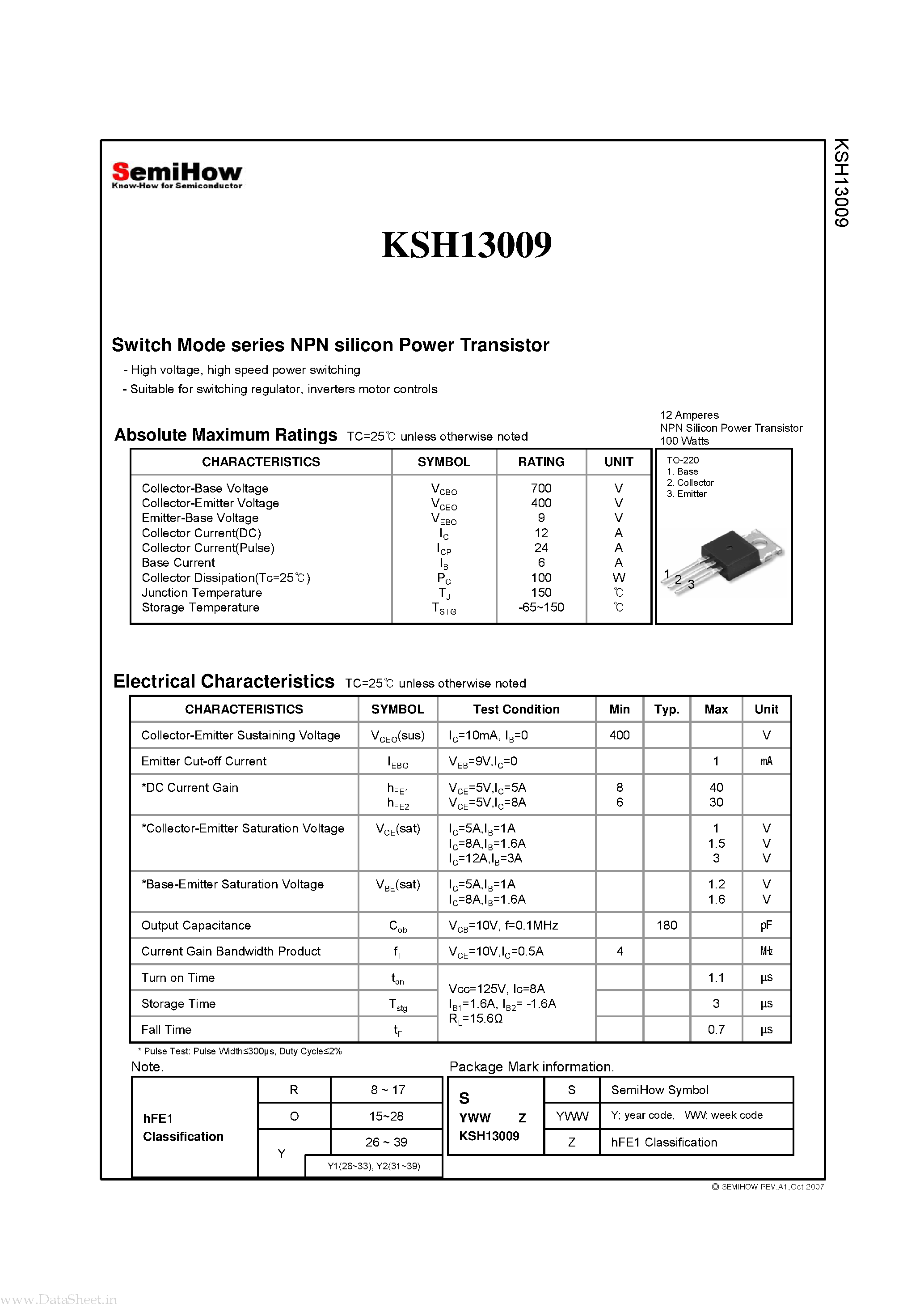 Datasheet KSH13009 page 2 Datasheet KSH13009 - Switch Mode series NPN silicon Power Transistor page 2