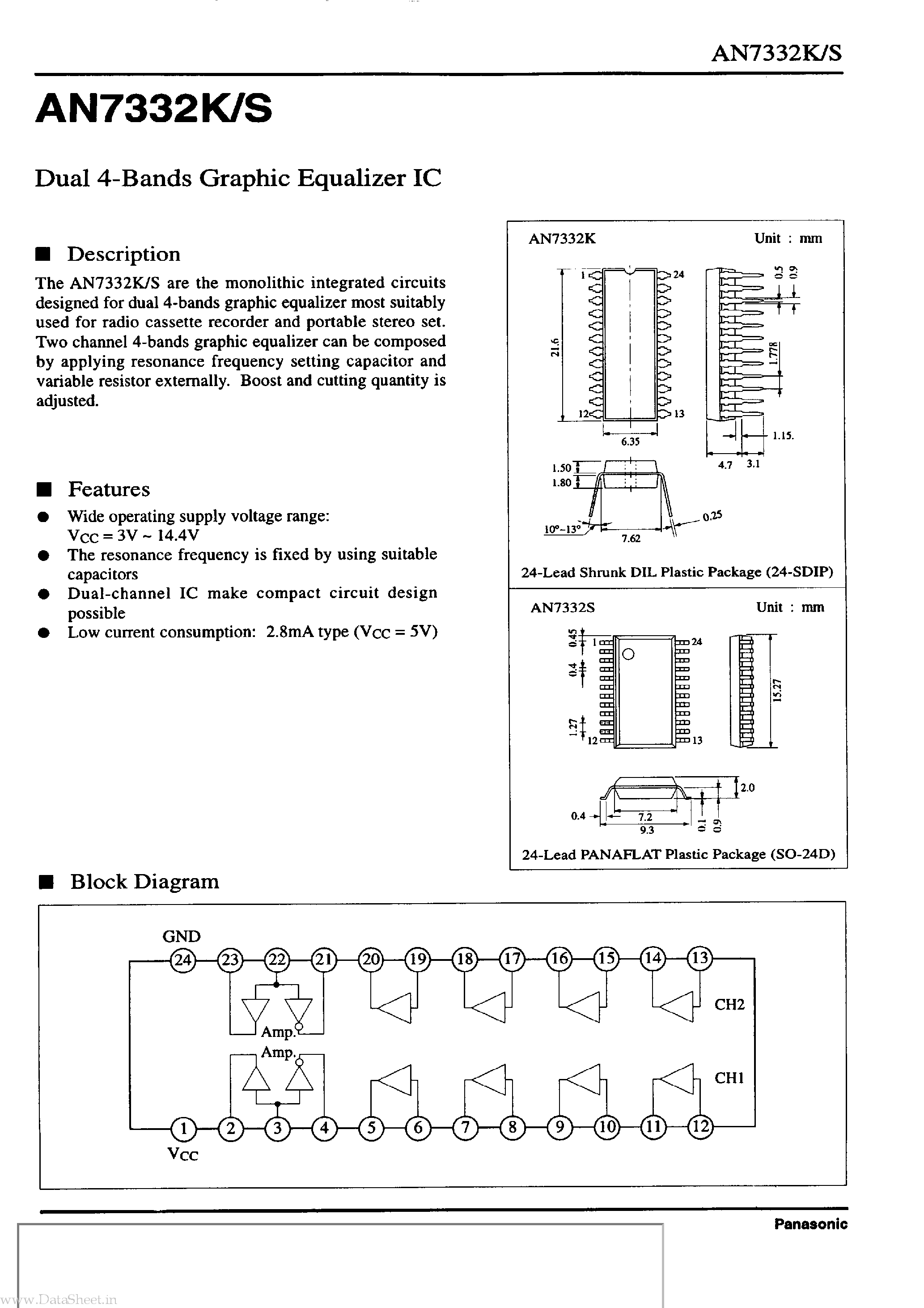 Datasheet AN7332K - Dual 4-Bands Graphic Equalizer IC page 1